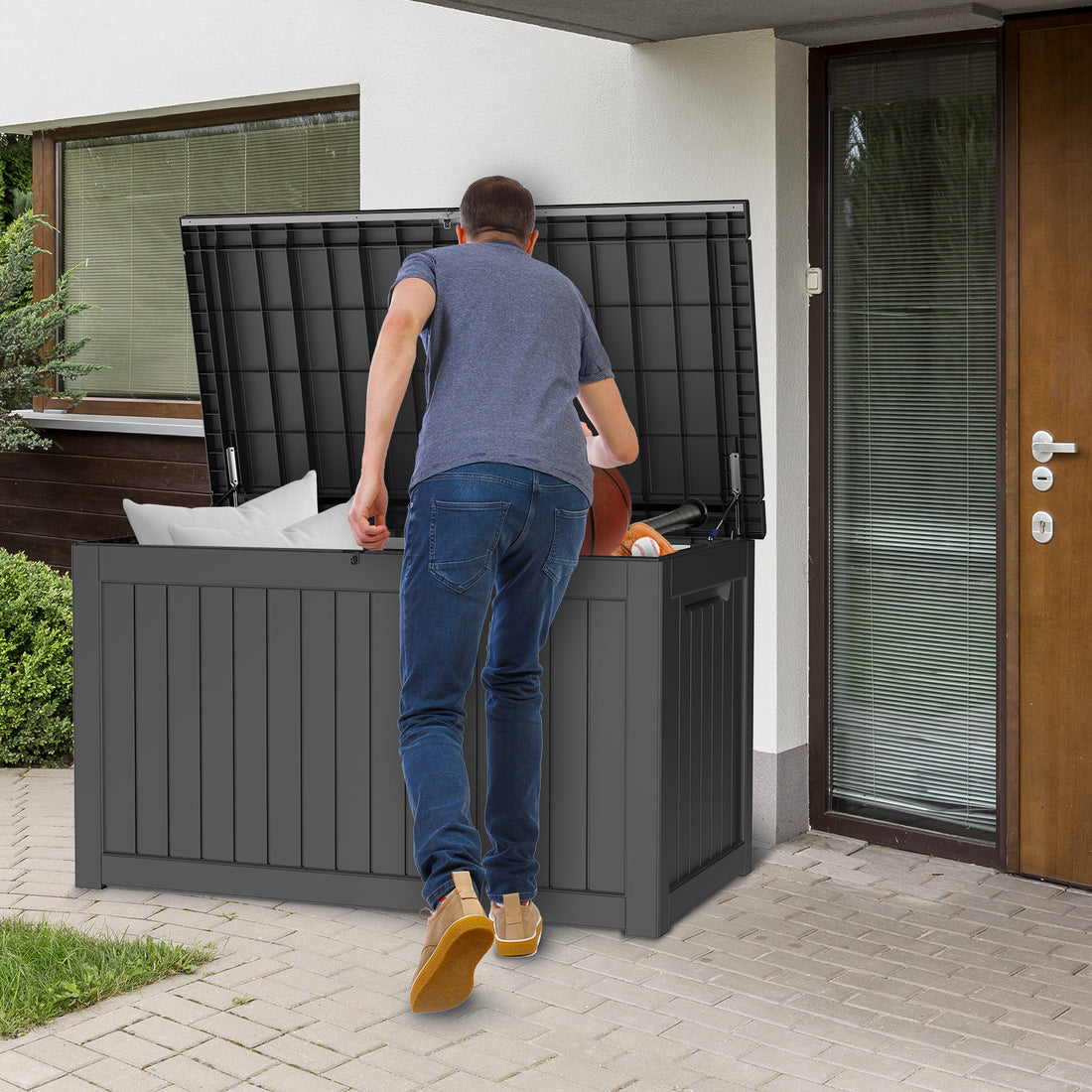 230 Gallon Deck Box, Waterproof Resin Large Outdoor Storgae Box For Patio Furniture, Patio Cushions, Gardening Tools, Pool And Sports Supplies, Lockable Black No Complete Patio Set Black Water Resistant Frame Garden & Outdoor Classic Complete Patio Sets