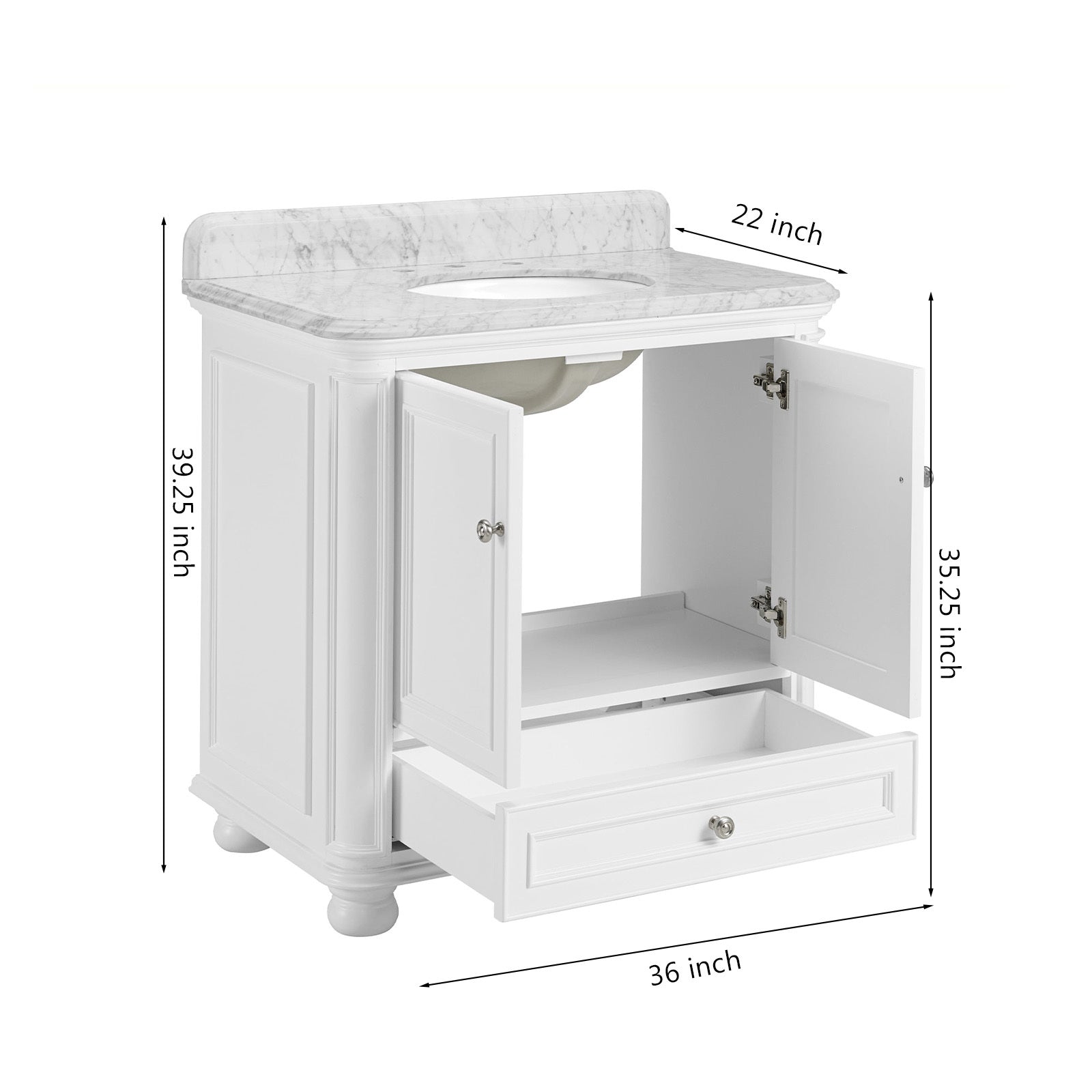 36'' Bathroom Vanity With Carrara Natural Marble Top And Backsplash, Bathroom Storage Cabinet With Doors And Drawers In White 1 White 2 Rust Resistant Bathroom Freestanding Traditional Mdf
