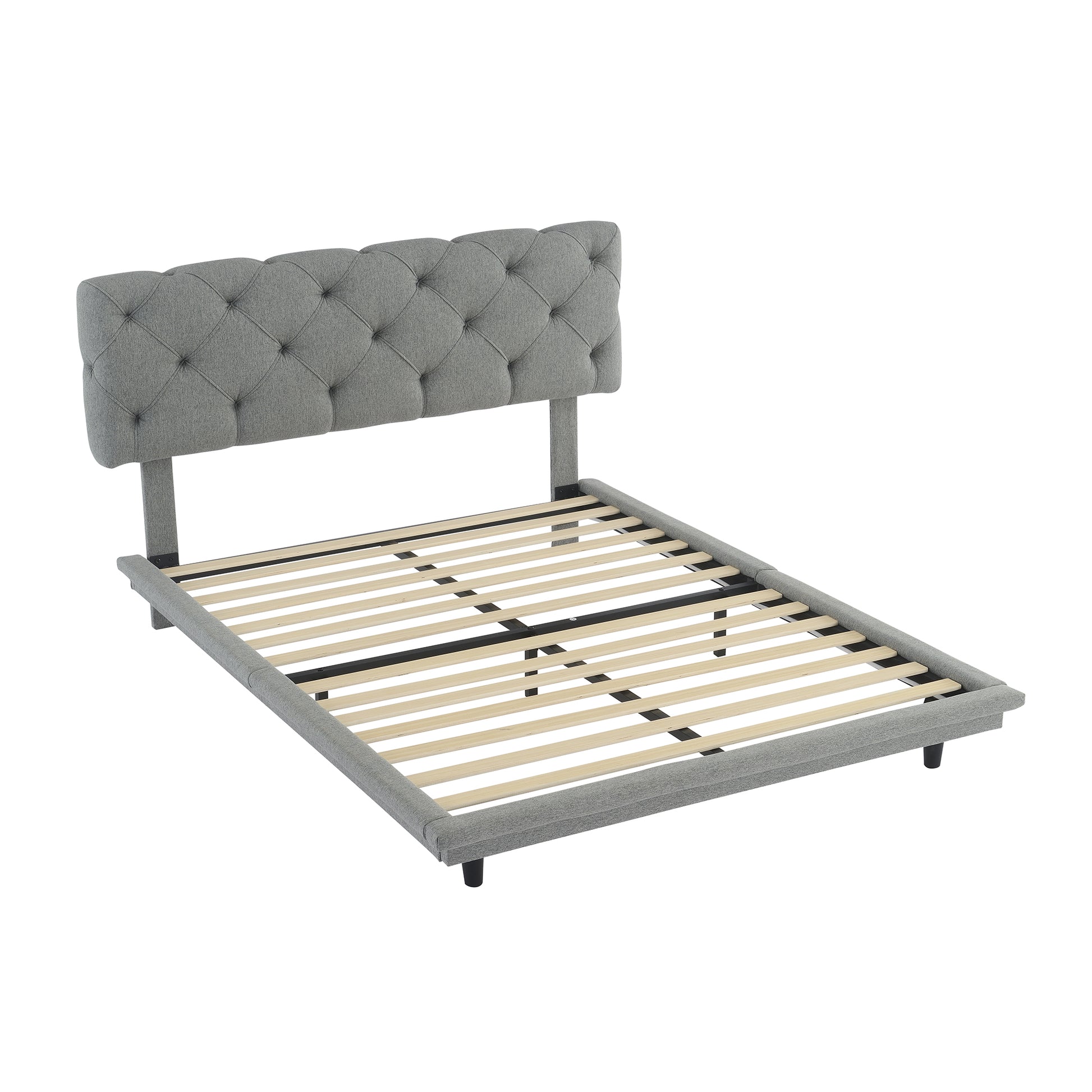 Full Size Upholstered Bed With Light Stripe, Floating Platform Bed, Linen Fabric,Gray Full Gray Linen