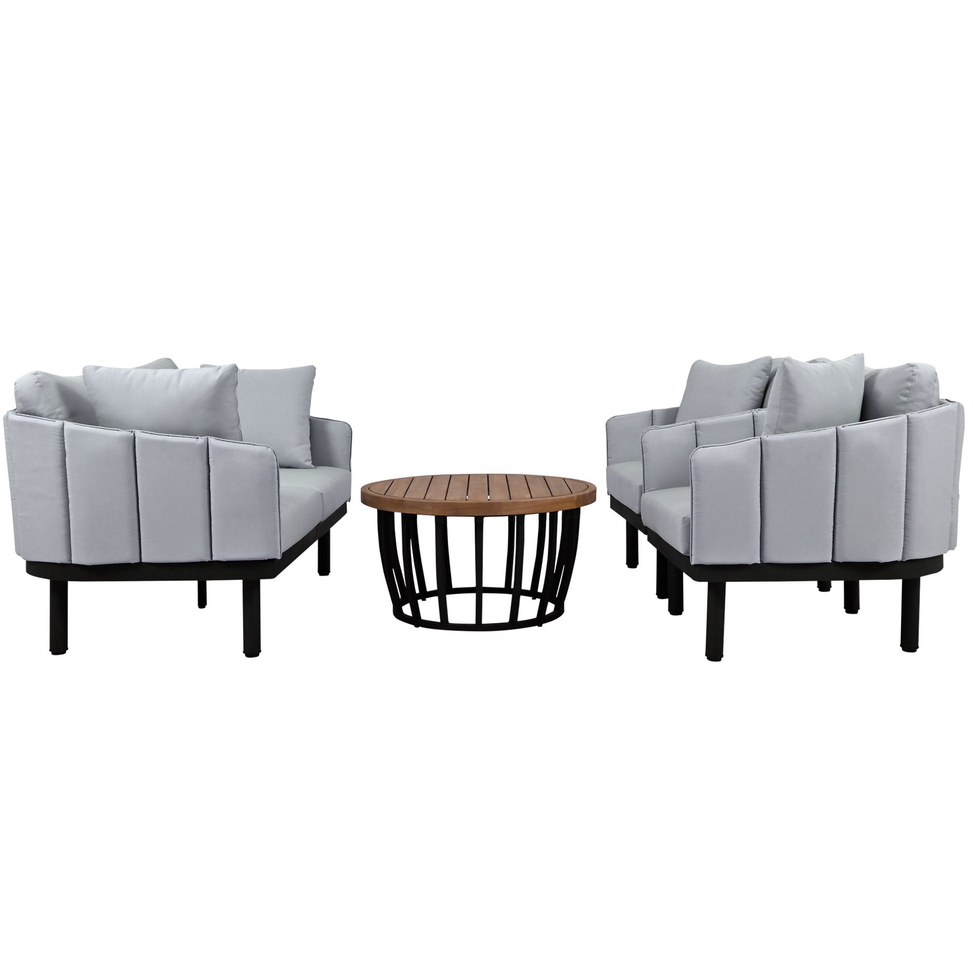 Luxury Modern 4 Piece Outdoor Iron Frame Conversation Set, Patio Chat Set With Acacia Wood Round Coffee Table For Backyard, Deck, Poolside, Indoor Use, Loveseat Arm Chairs, Gray Yes Sectional Gray Weather Resistant Frame Water Resistant Cushion Garden &