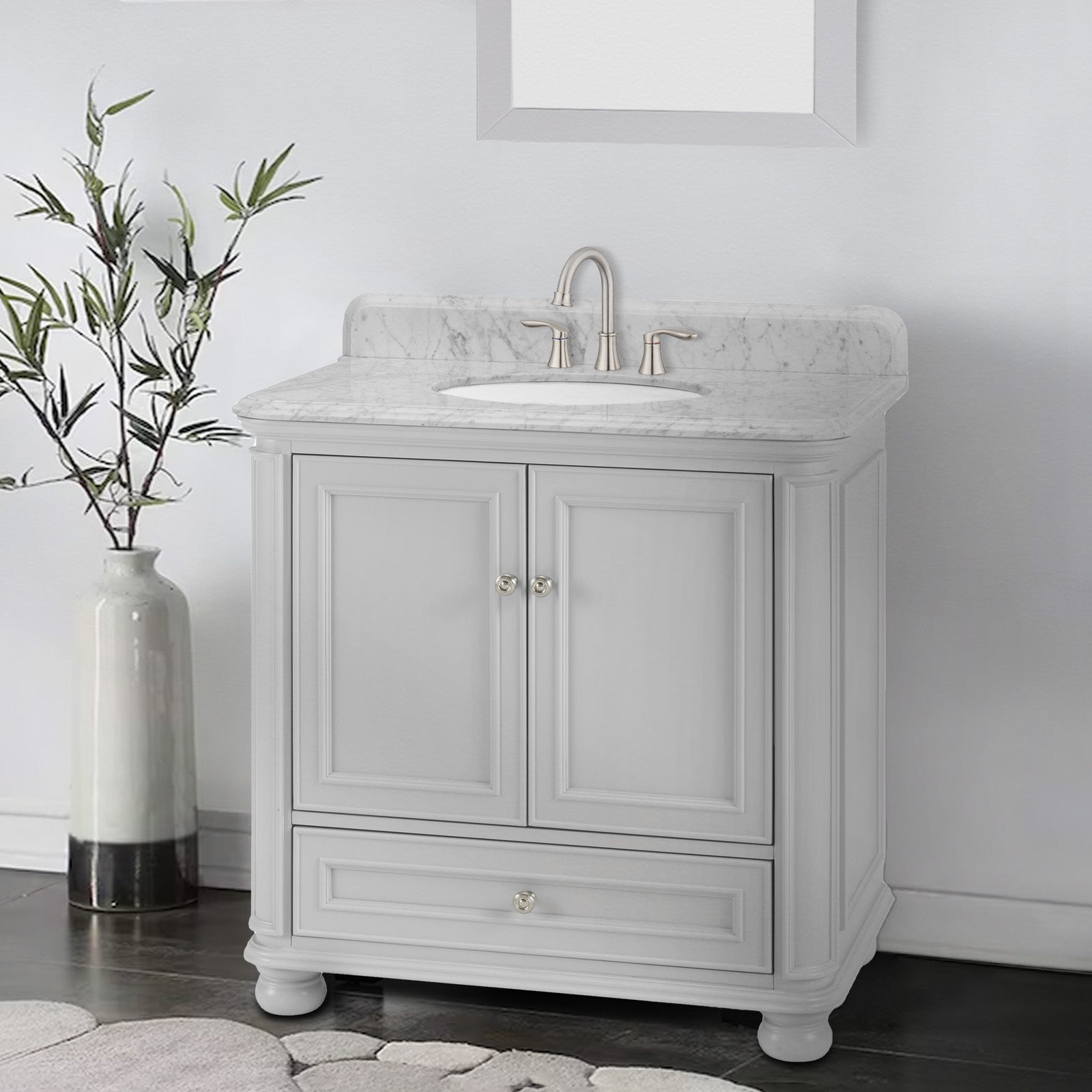 36'' Bathroom Vanity With Carrara Natural Marble Top And Backsplash, Bathroom Storage Cabinet With Doors And Drawers In Gray 1 White 2 Rust Resistant Bathroom Freestanding Traditional Mdf