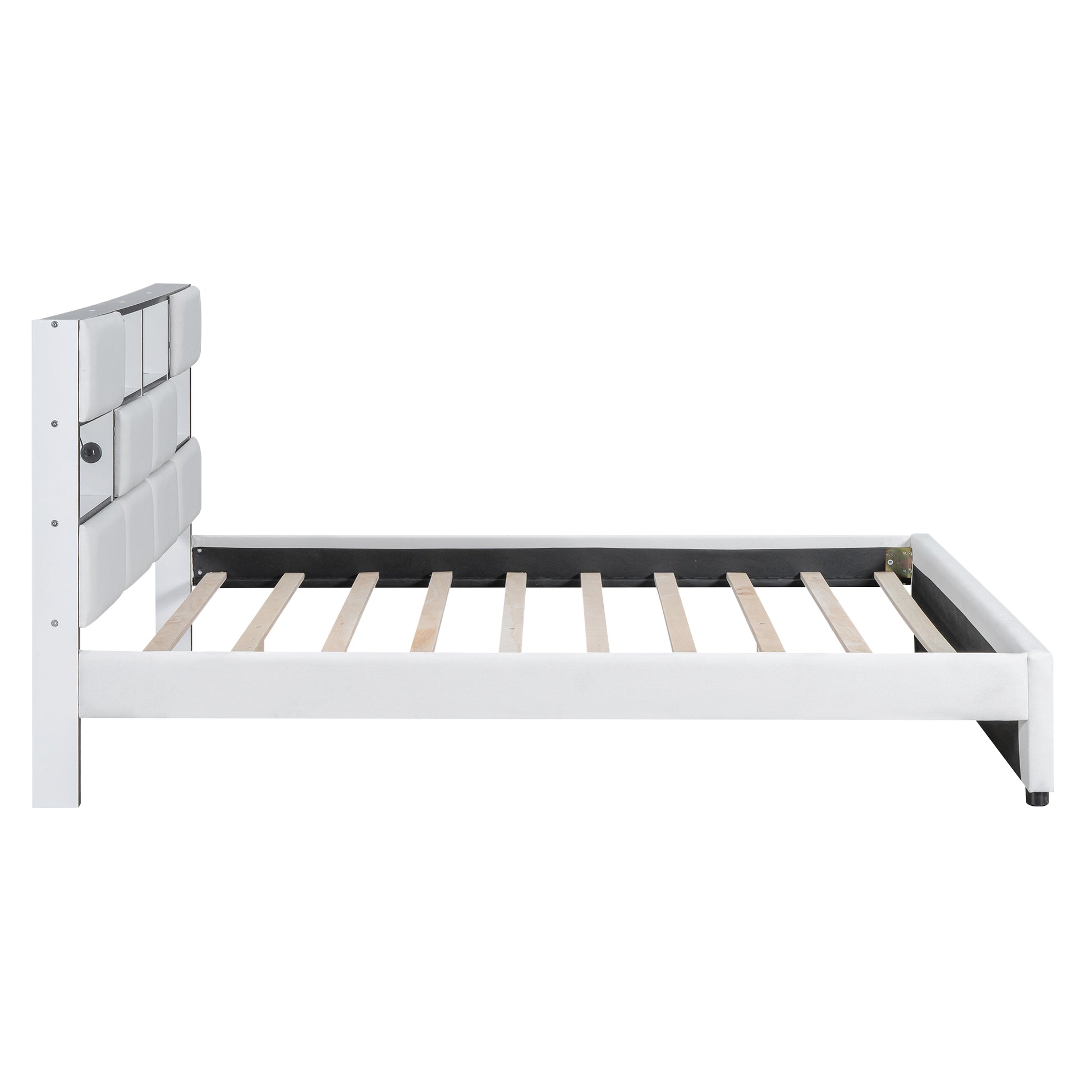 Queen Size Upholstered Platform Bed With Led, Storage And Usb, Beige Box Spring Not Required Queen Beige Wood Bedroom Solid Wood Mdf