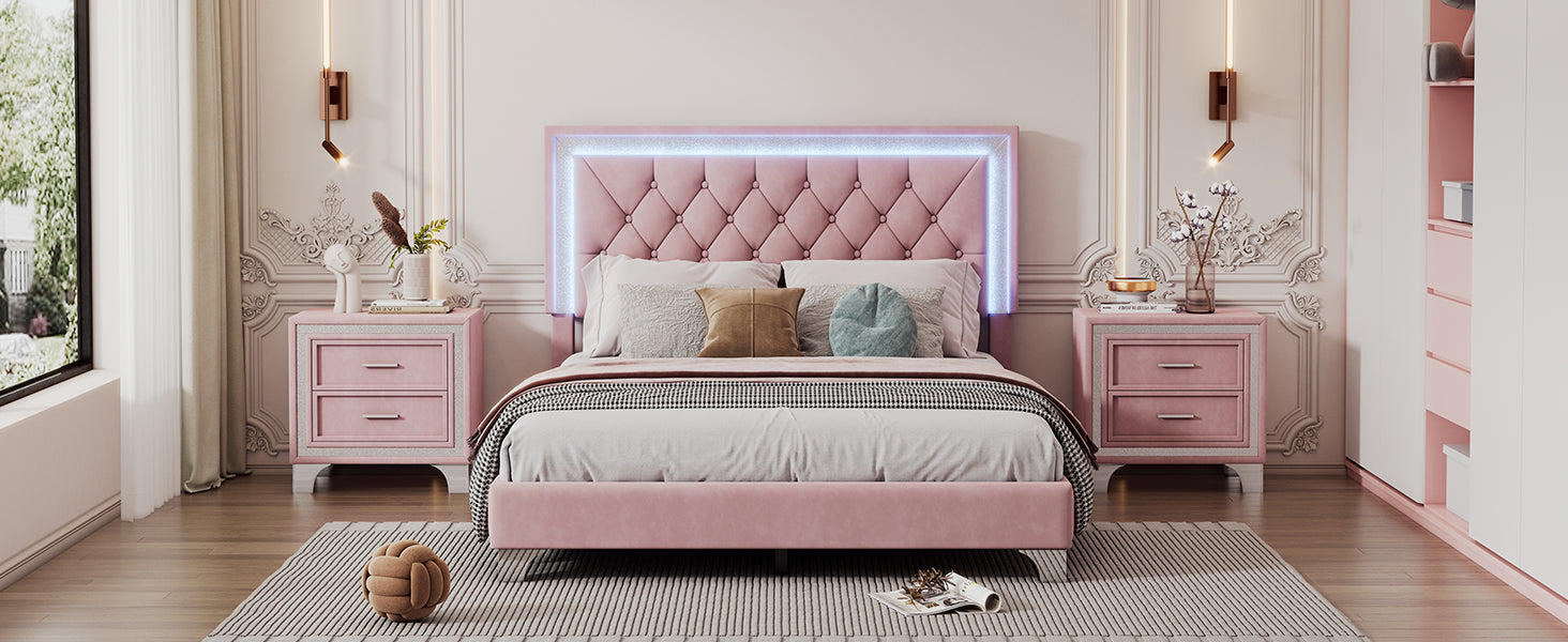 Full Size Upholstered Bed Frame With Led Lights,Modern Velvet Platform Bed With Tufted Headboard,Pink Pink Velvet