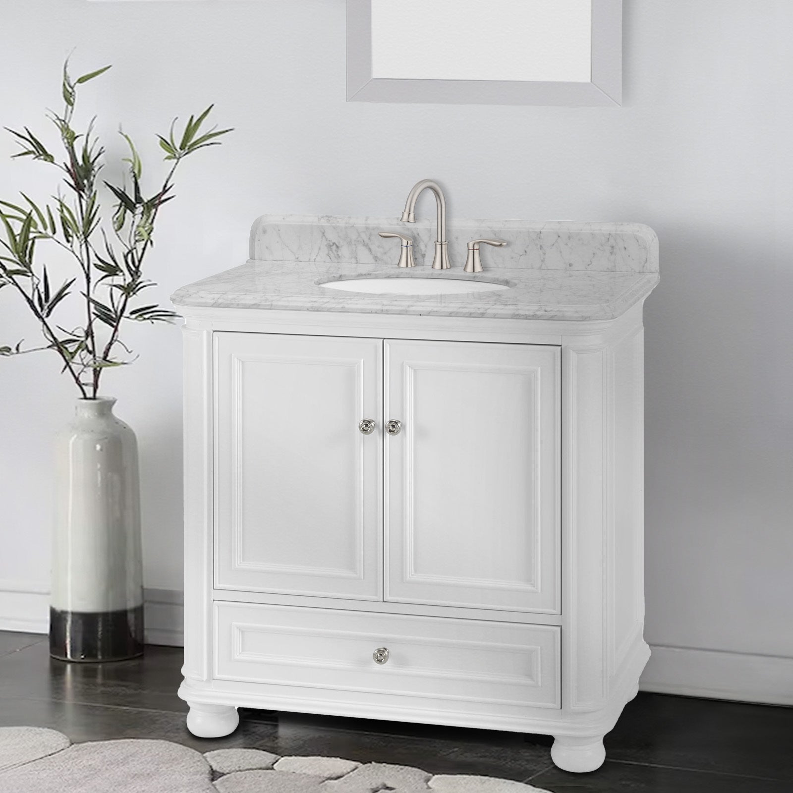 36'' Bathroom Vanity With Carrara Natural Marble Top And Backsplash, Bathroom Storage Cabinet With Doors And Drawers In White 1 White 2 Rust Resistant Bathroom Freestanding Traditional Mdf