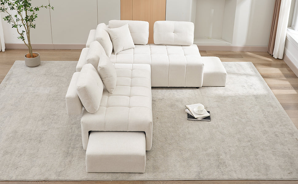 91.73" L Shaped Sofa Sectional Sofa Couch With 2 Stools And 2 Lumbar Pillows For Living Room, Biege Beige Chenille