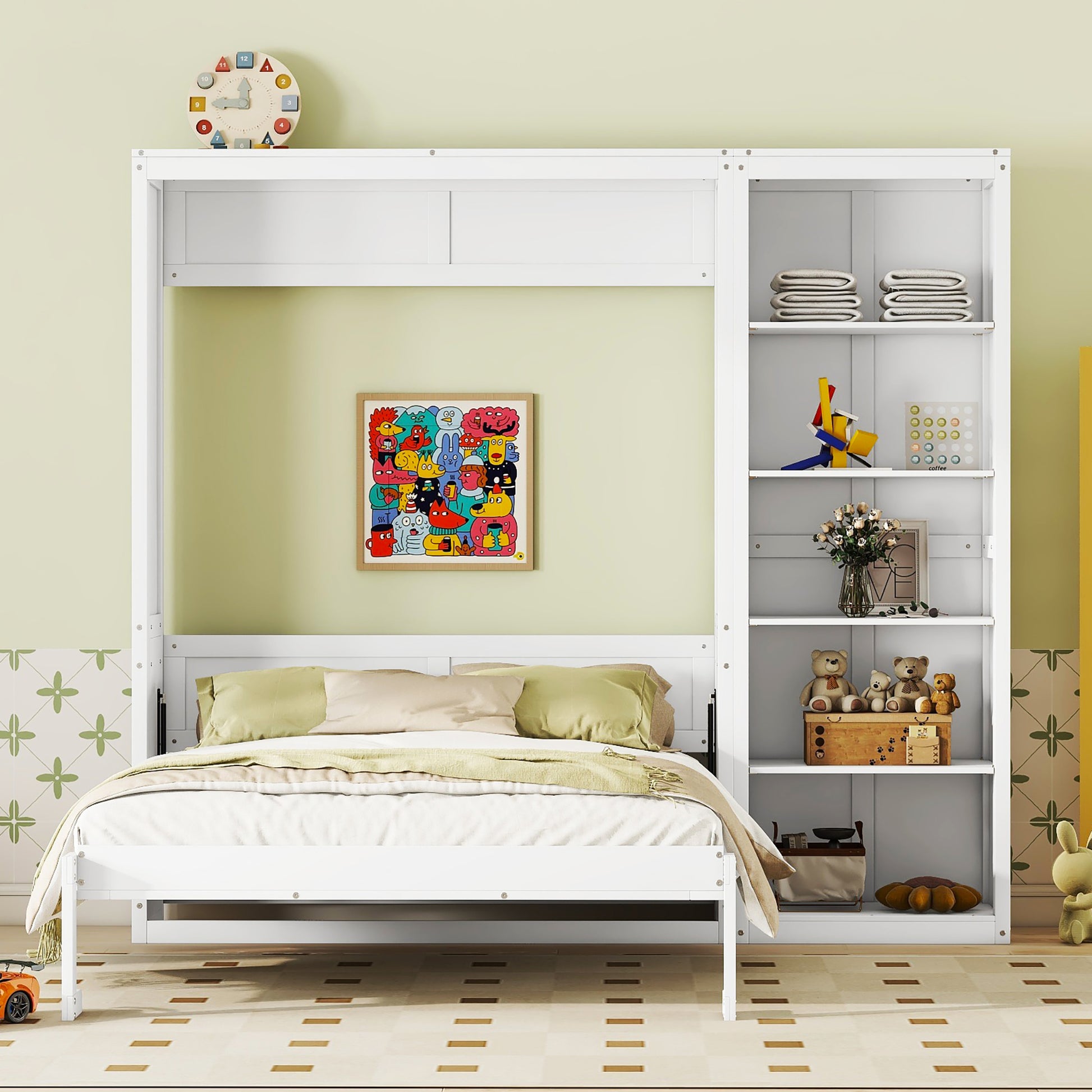 Queen Size Murphy Bed Wall Bed With Shelves,White White Solid Wood Mdf