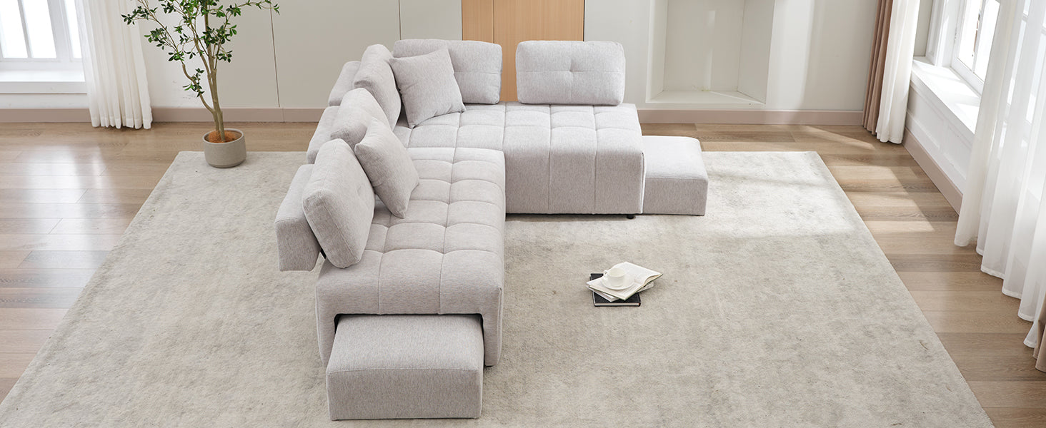 91.73" L Shaped Sofa Sectional Sofa Couch With 2 Stools And 2 Lumbar Pillows For Living Room, Light Grey Light Grey Chenille