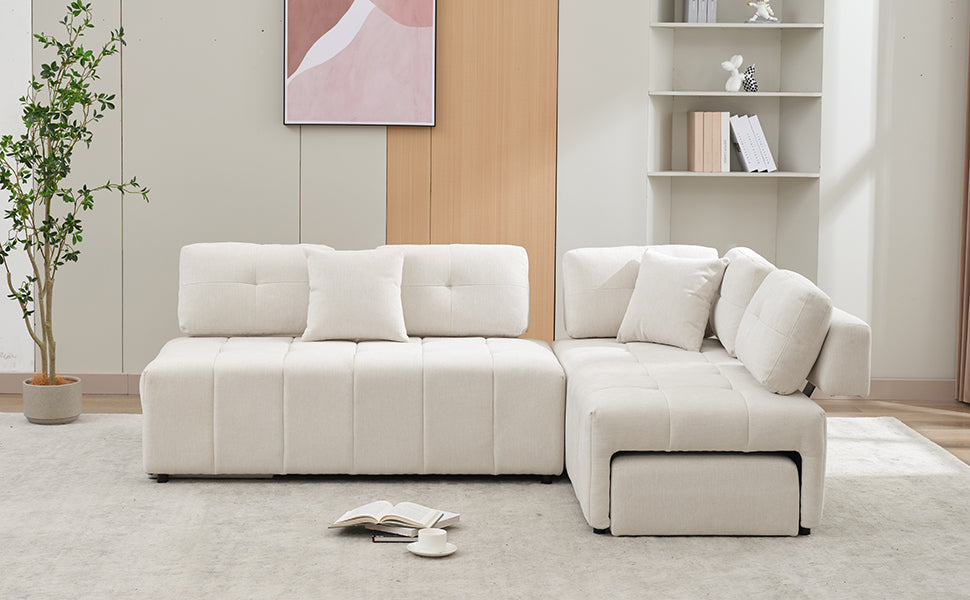 91.73" L Shaped Sofa Sectional Sofa Couch With 2 Stools And 2 Lumbar Pillows For Living Room, Biege Beige Chenille