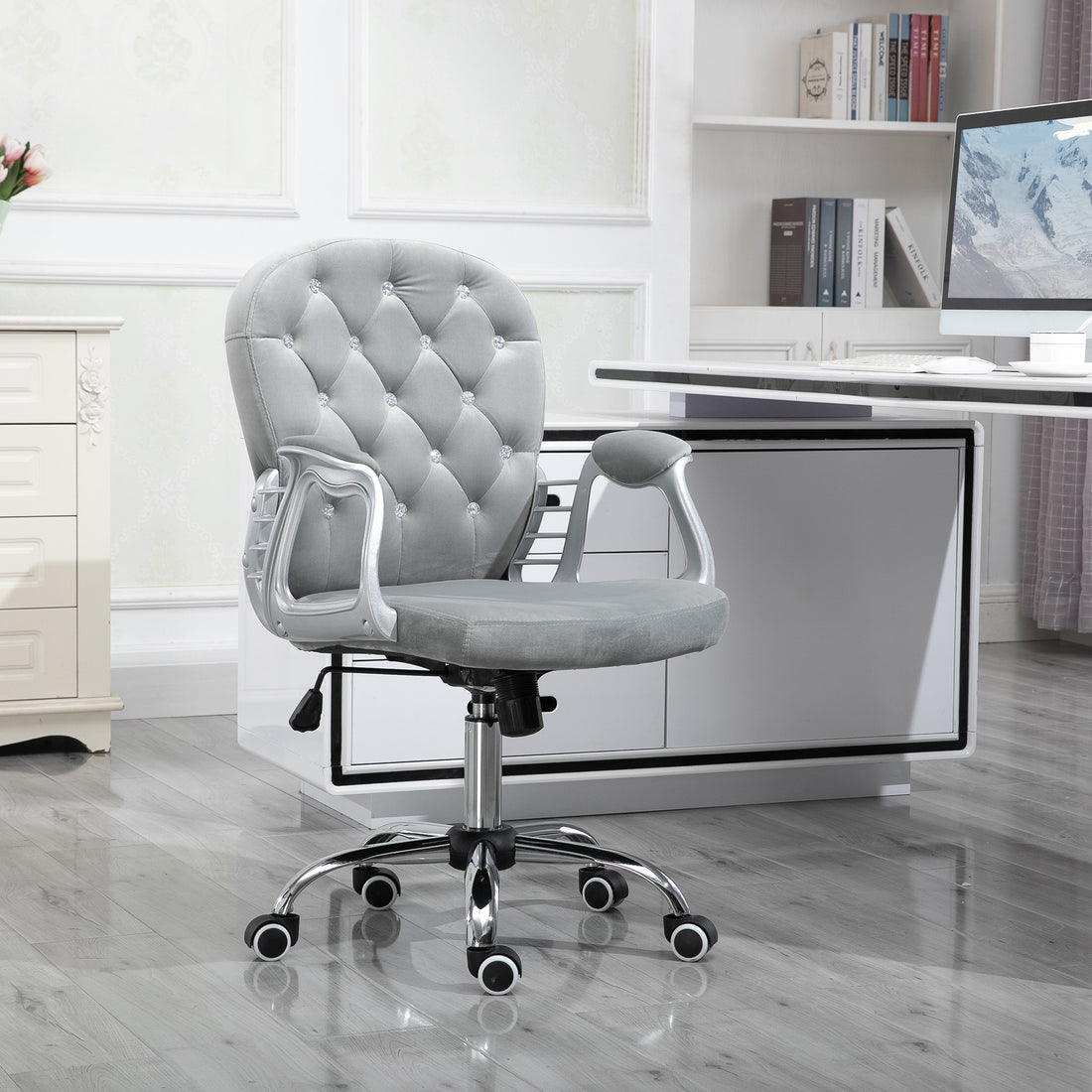 Velvet Home Office Chair, Button Tufted Desk Chair With Padded Armrests, Adjustable Height And Swivel Wheels, Gray Gray Fabric