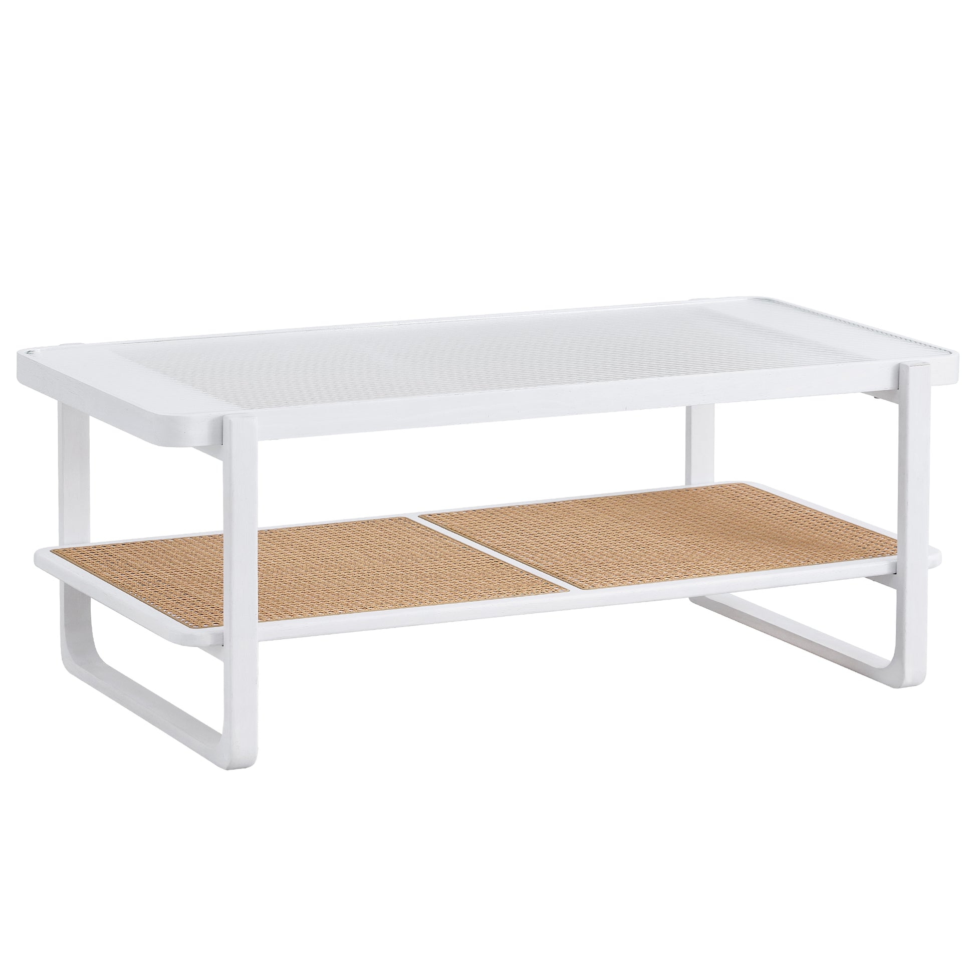 Modern Minimalist White Double Layered Solid Wood Coffee Table. Glass Tabletop, Imitation Rattan Edge Table. Rectangular Table Suitable For Living Room, Dining Room, And Bedroom White Wood