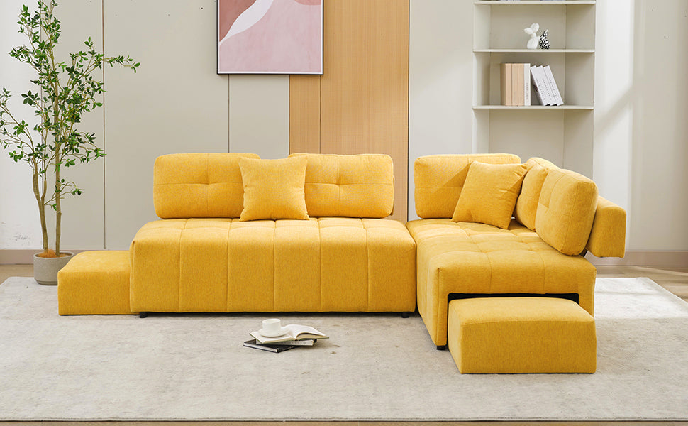 91.73" L Shaped Sofa Sectional Sofa Couch With 2 Stools And 2 Lumbar Pillows For Living Room, Yellow Yellow Chenille