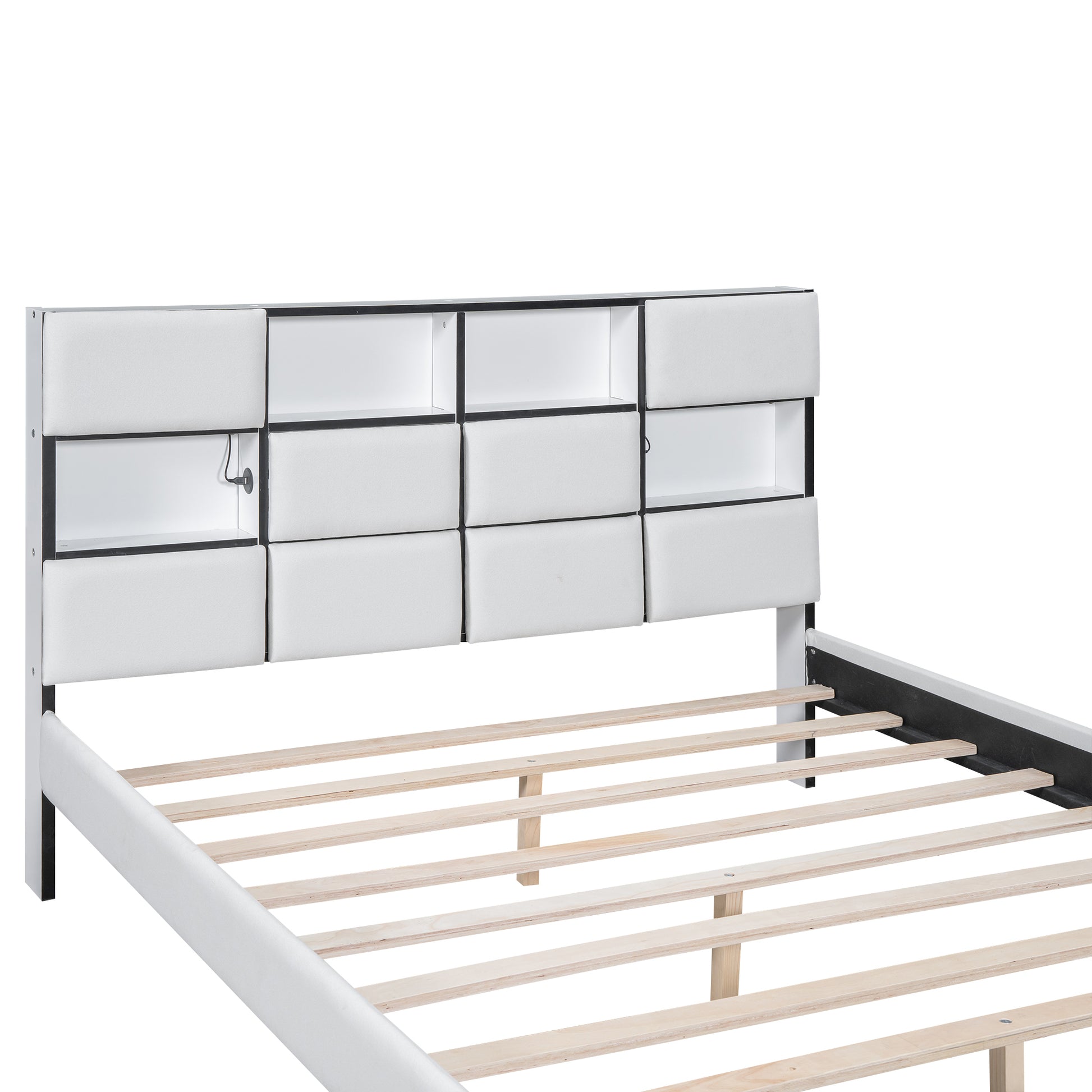 Queen Size Upholstered Platform Bed With Led, Storage And Usb, Beige Box Spring Not Required Queen Beige Wood Bedroom Solid Wood Mdf