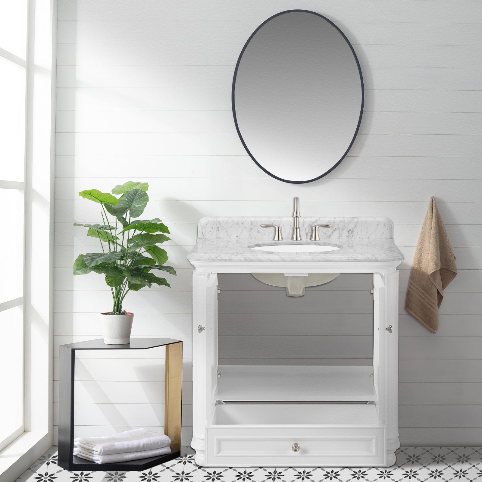 36'' Bathroom Vanity With Carrara Natural Marble Top And Backsplash, Bathroom Storage Cabinet With Doors And Drawers In White 1 White 2 Rust Resistant Bathroom Freestanding Traditional Mdf