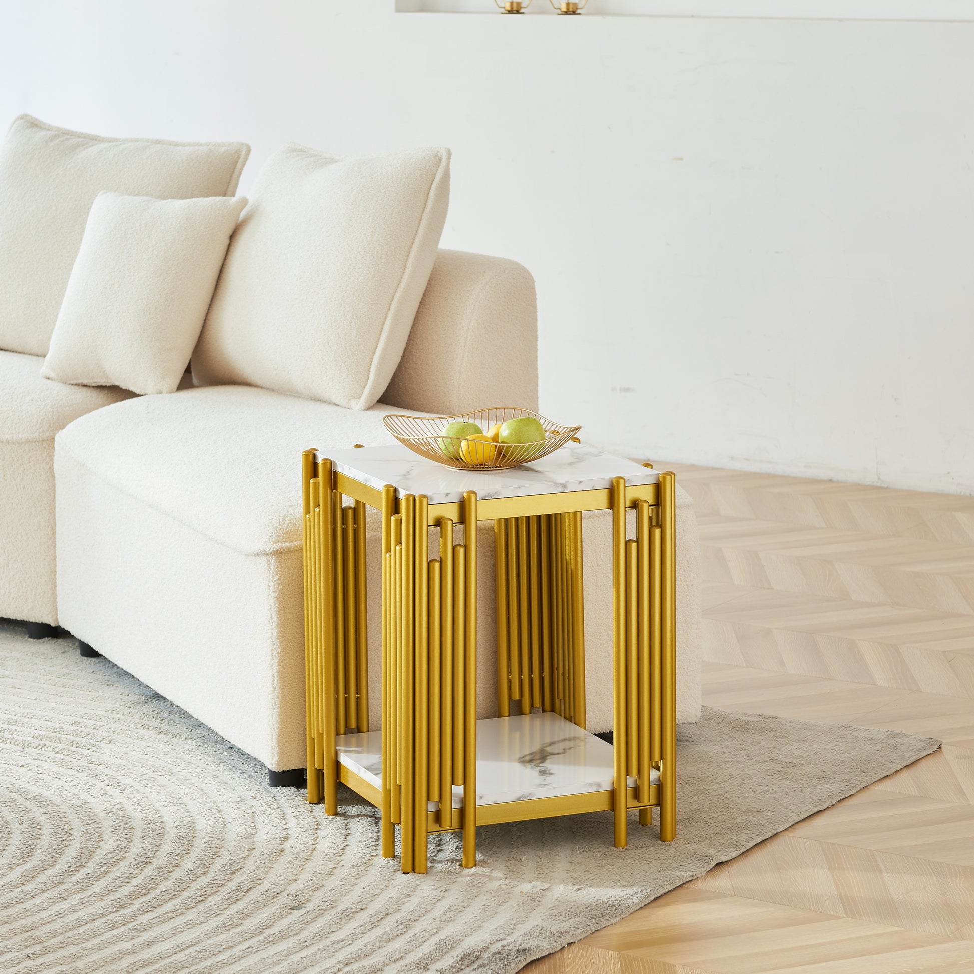 2 Tier Side Table, Faur Marbling End Table, Narrow Side Table With Storage Shelves, Modern Design Beside Table, Wood Nightstand For Living Room, Bedroom, And Office, Easy To Assembly, Gold Gold Primary Living Space Modern Square Open Storage Coffee & End