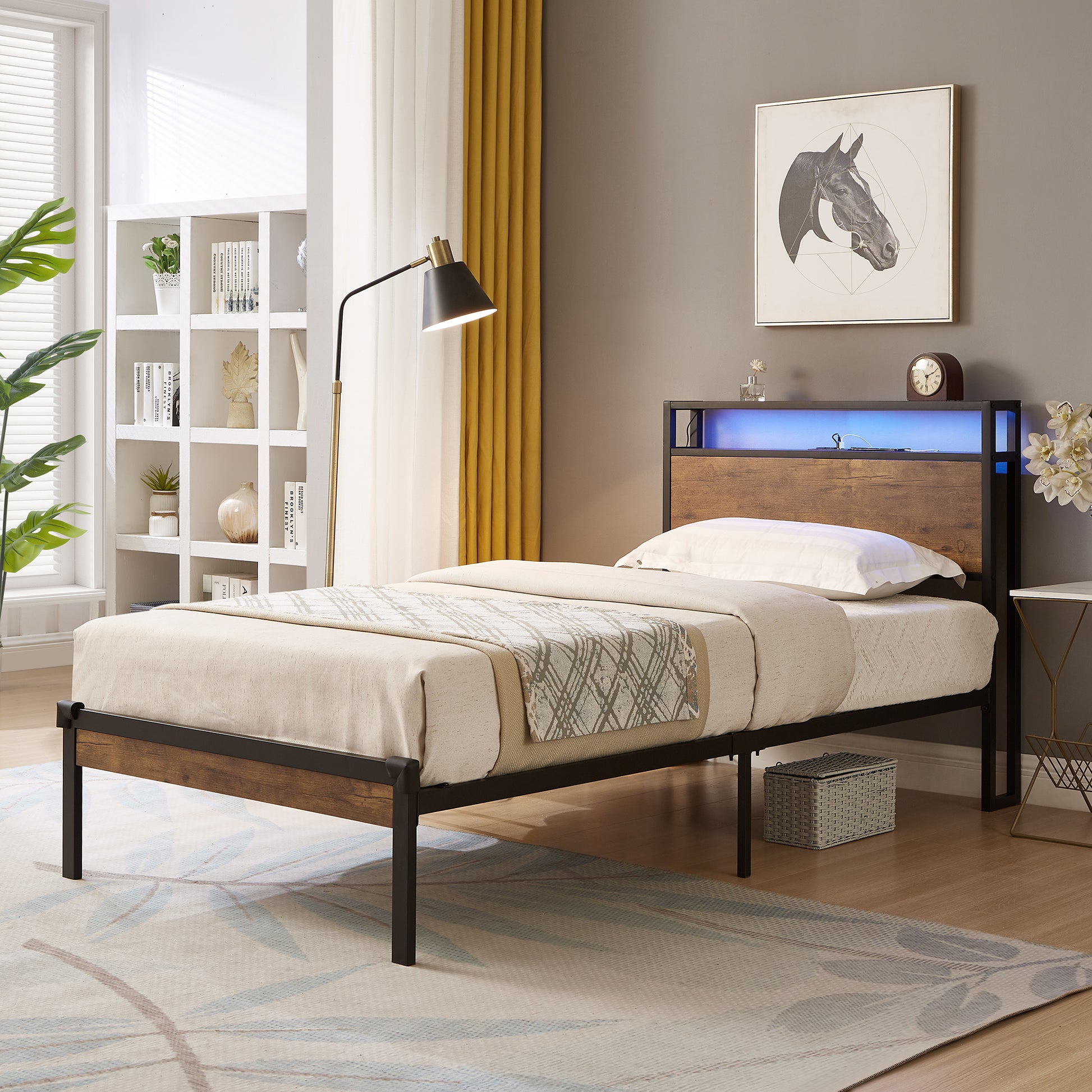 Twin Size Metal Platform Bed Frame With Wooden Headboard And Footboard With Usb Liner, Led Lights ,No Box Spring Needed, Large Under Bed Storage, Easy Assemble Black Brown Metal