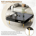 Exquisite High Gloss Coffee Table With 4 Golden Legs And 2 Small Drawers, 2 Tier Square Center Table For Living Room, Black Black Primary Living Space Particle Board