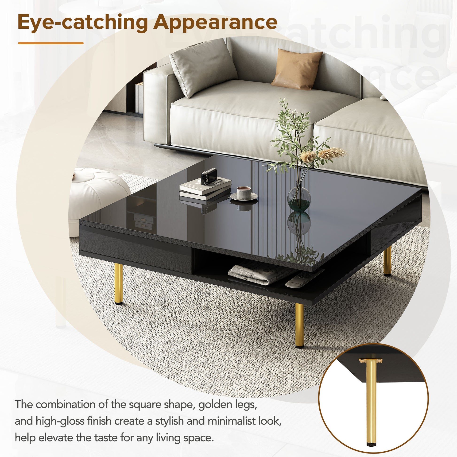 Exquisite High Gloss Coffee Table With 4 Golden Legs And 2 Small Drawers, 2 Tier Square Center Table For Living Room, Black Black Primary Living Space Particle Board