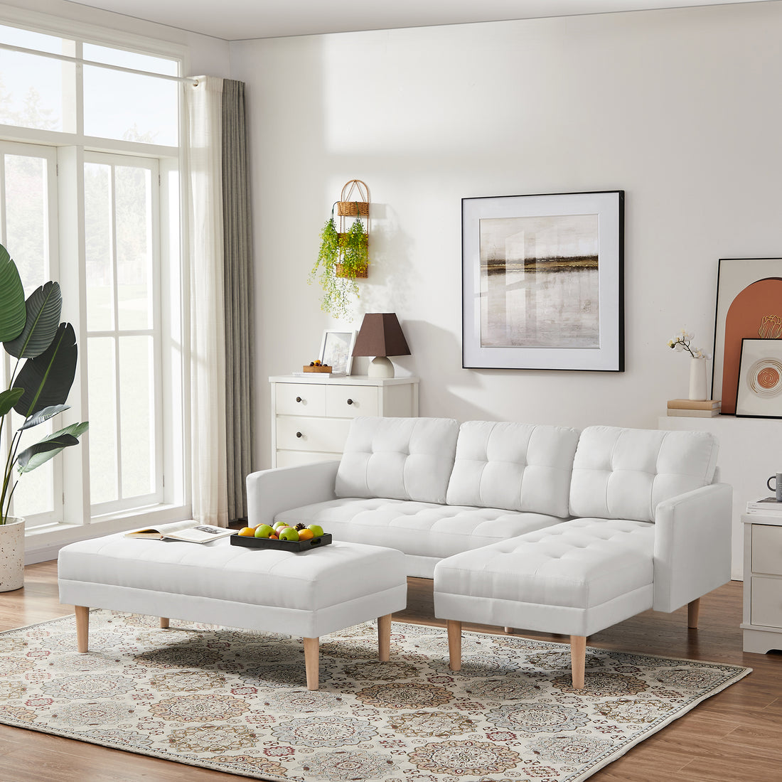 White Fabric Right Facing Sectional Sofa Bedl Shape Sofa Chaise Lounge With Ottoman Bench White Wood Tufted Back Square Arms Foam Fabric 3 Seat