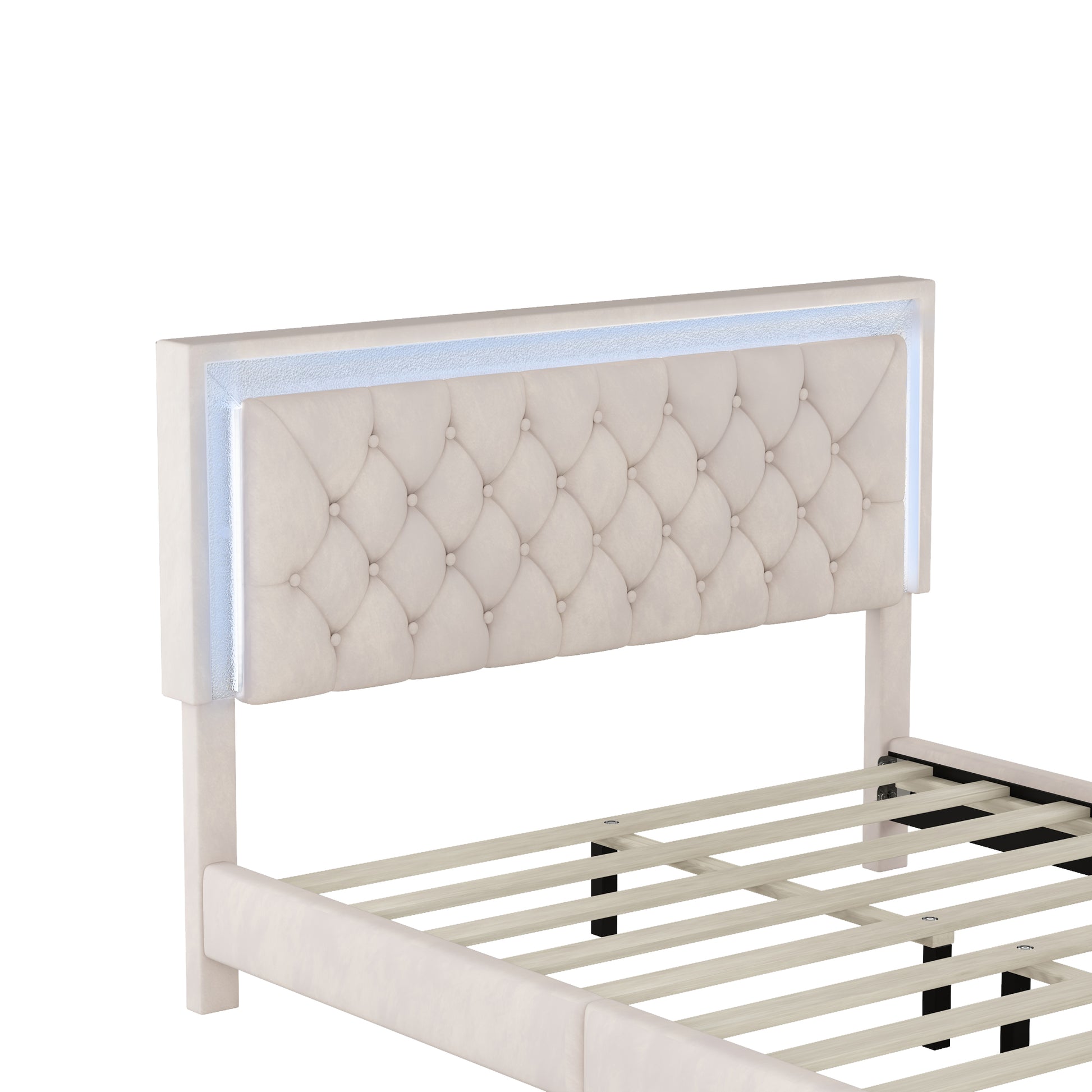 3 Pieces Bedroom Sets,Queen Size Upholstered Platform Bed With Led Lights And Two Nightstands Beige Beige Velvet
