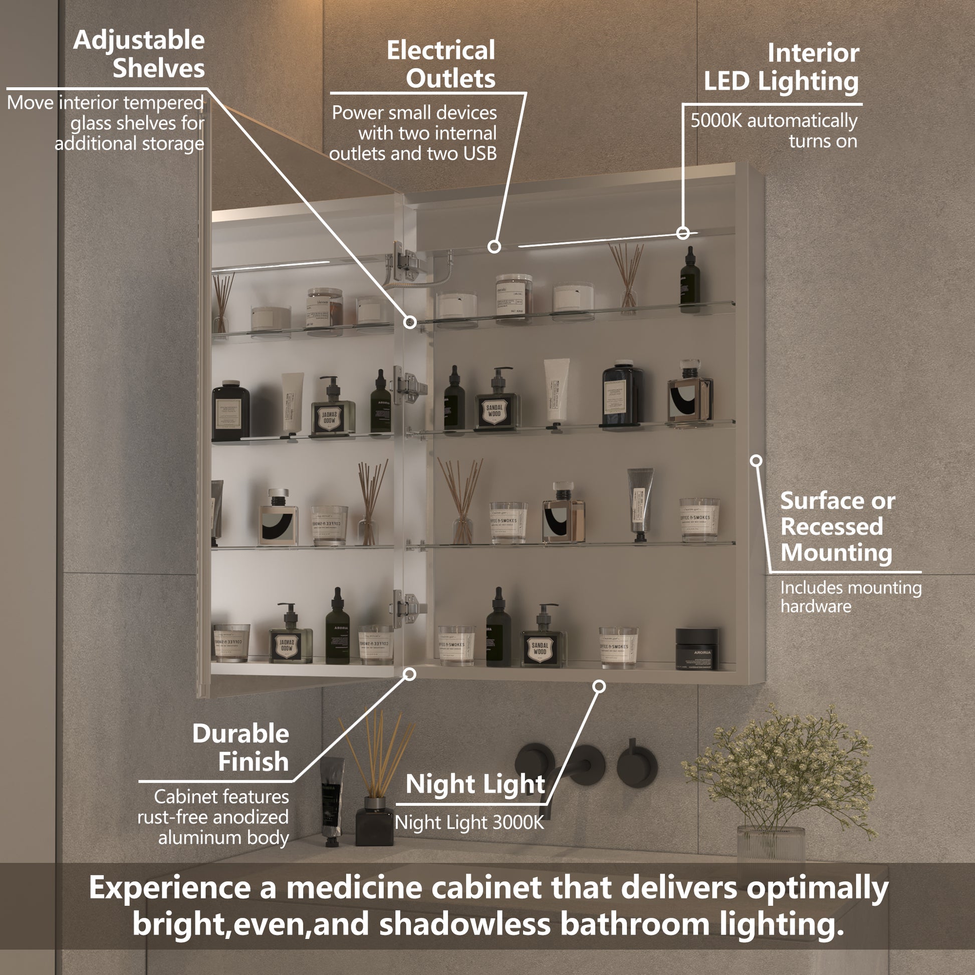 Lighted Medicine Cabinet 24 X 32 Inch, Recessed Or Surface Led Medicine Cabinet, Clock, Room Temp Display,Defog,Night Light,Stepless Dimming,3000K 6400K, Outlets & Usbs,Hinge On The Left. Silver Aluminium