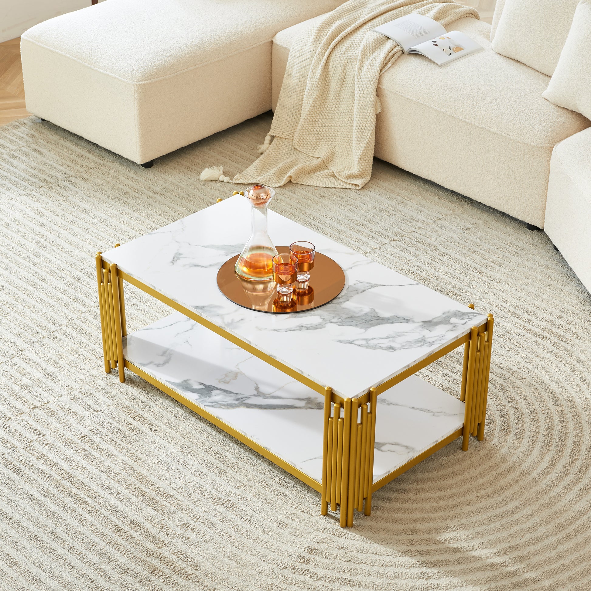 2 Tier Faux Marbling Coffee Table With Storage Shelf For Small Apartment Living Room, Modern Rectangle Wood And Stable Metal Tv Stand Side End Table Gold Primary Living Space Modern Rectangular Open Storage Coffee & End Tables Mdf Metal