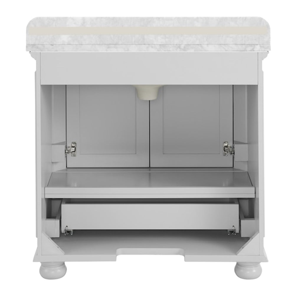 36'' Bathroom Vanity With Carrara Natural Marble Top And Backsplash, Bathroom Storage Cabinet With Doors And Drawers In Gray 1 White 2 Rust Resistant Bathroom Freestanding Traditional Mdf