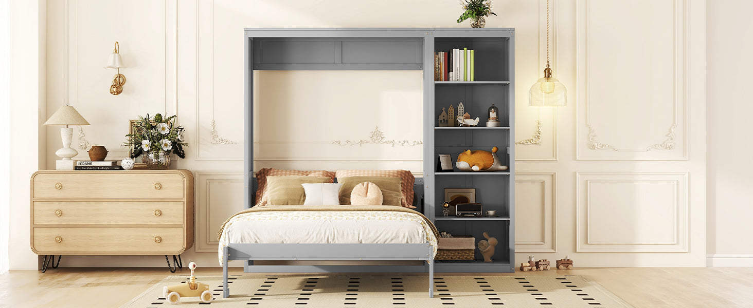 Queen Size Murphy Bed Wall Bed With Shelves,Gray Gray Solid Wood Mdf