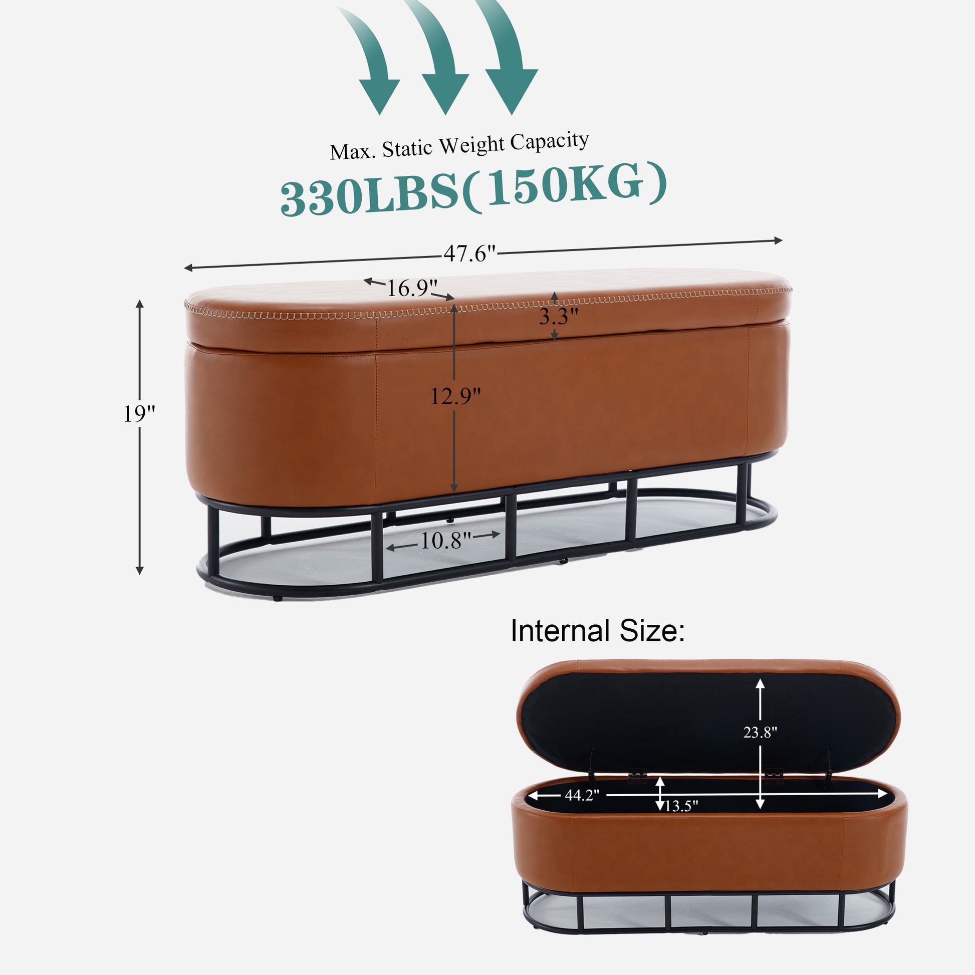 Oval Storage Bench For Living Room Bedroom End Of Bed,Upholstered Storage Ottoman Entryway Bench With Metal Legs,Brown Brown Primary Living Space Modern Metal Internal Storage Foam Pu Leather