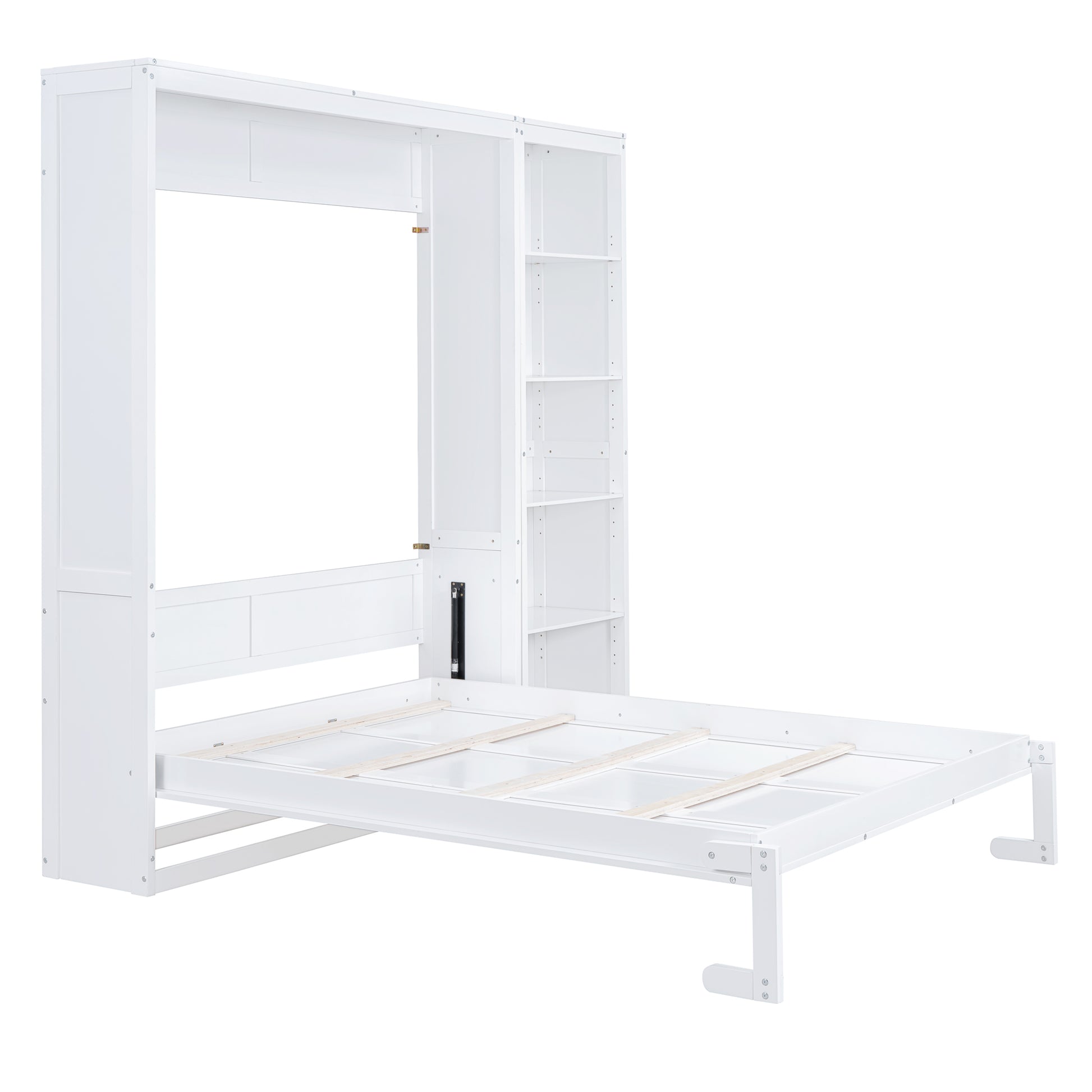 Queen Size Murphy Bed Wall Bed With Shelves,White White Solid Wood Mdf