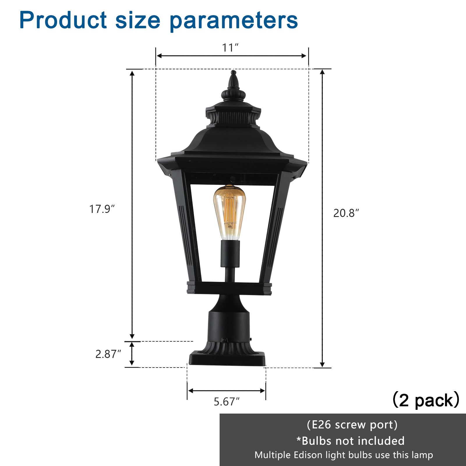 Outdoor Glass Column Headlights Supports Multiple Types Of Light Bulbs 2Pack Black Traditional Aluminum