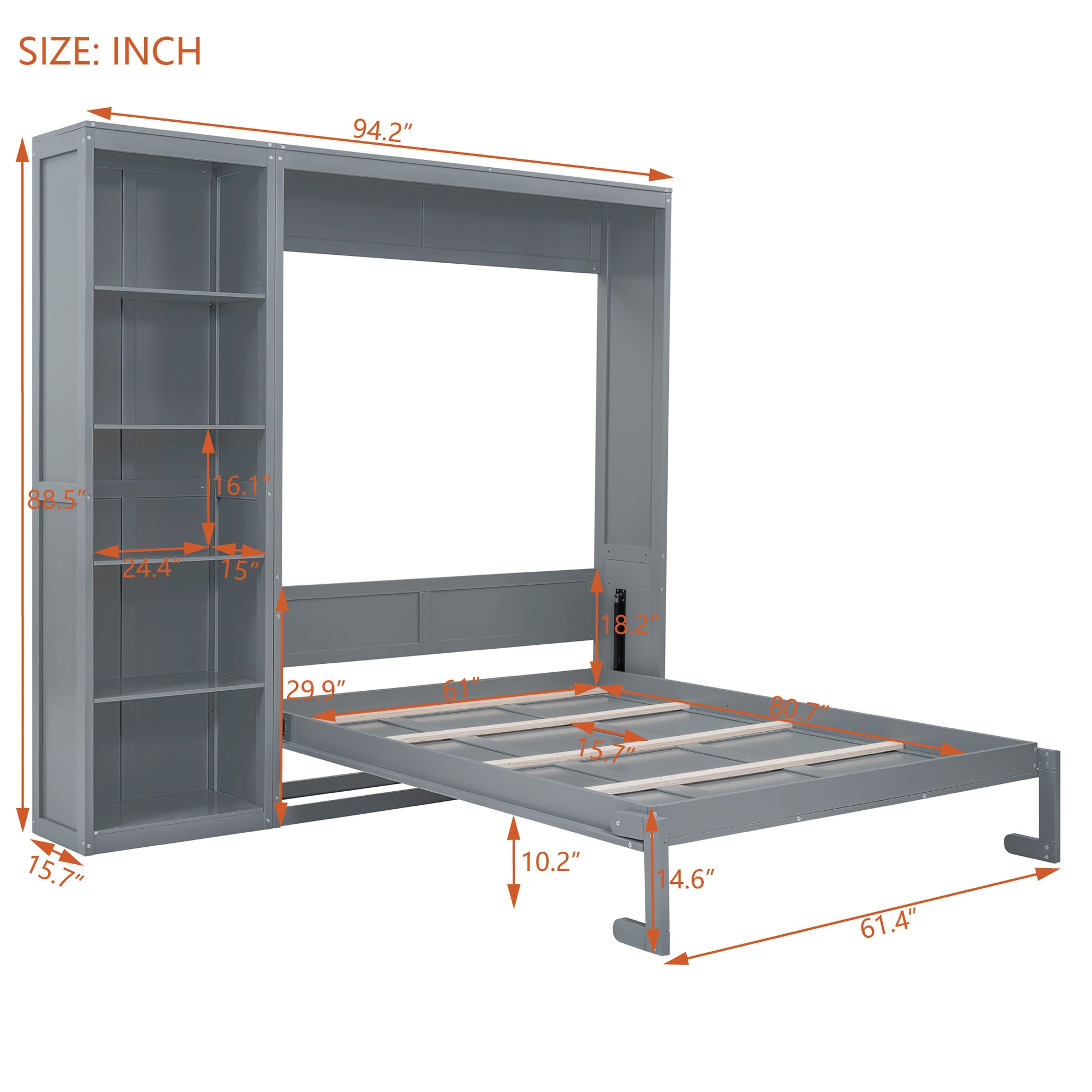 Queen Size Murphy Bed Wall Bed With Shelves,Gray Gray Solid Wood Mdf