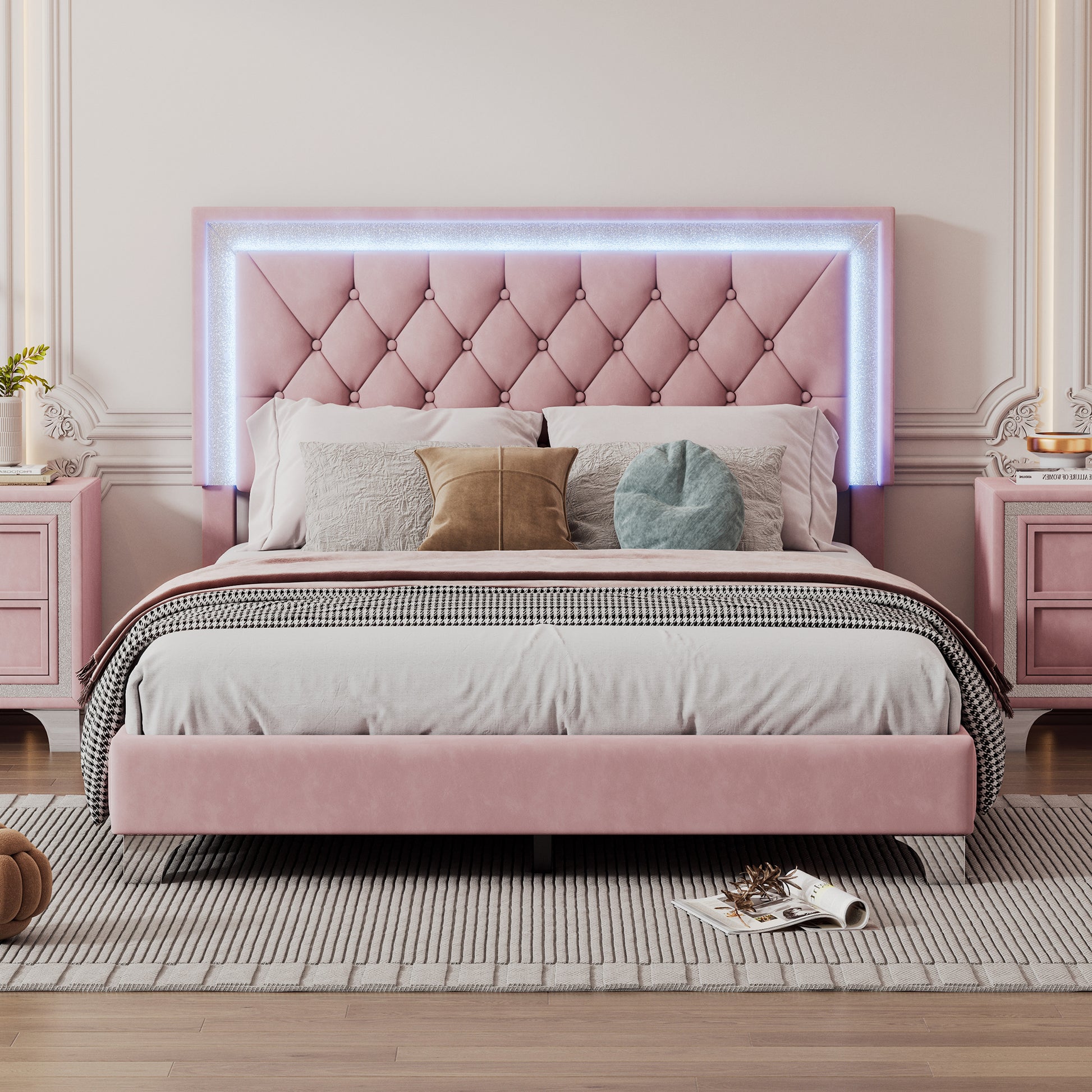 Full Size Upholstered Bed Frame With Led Lights,Modern Velvet Platform Bed With Tufted Headboard,Pink Pink Velvet