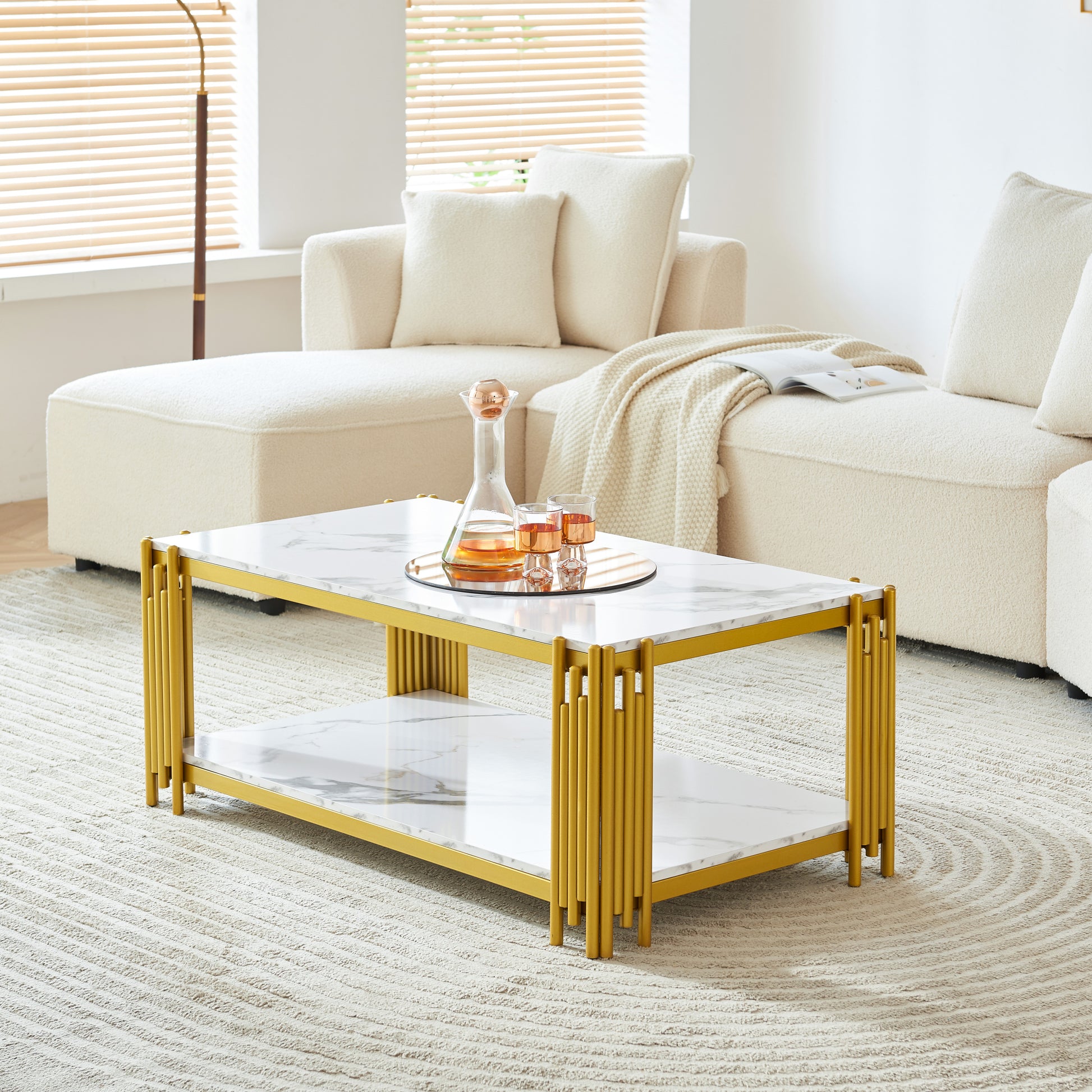 2 Tier Faux Marbling Coffee Table With Storage Shelf For Small Apartment Living Room, Modern Rectangle Wood And Stable Metal Tv Stand Side End Table Gold Primary Living Space Modern Rectangular Open Storage Coffee & End Tables Mdf Metal