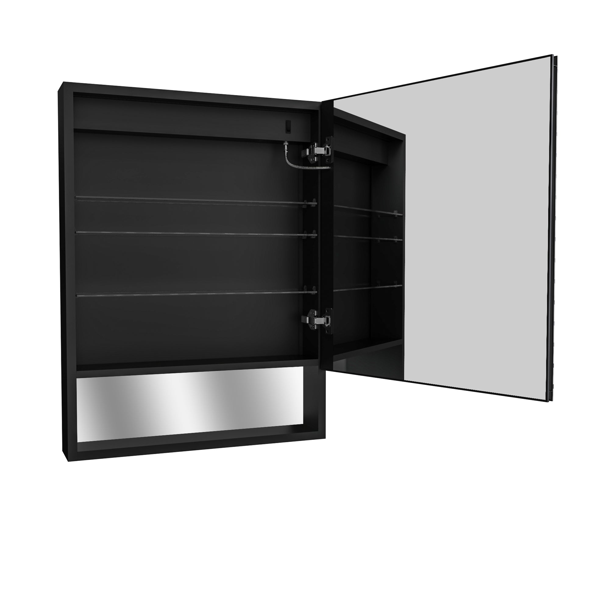 Lighted Medicine Cabinet 24 X 32 Inch, Recessed Or Surface,Clock, Room Temp Display,Defog,Night Light,Stepless Dimming,3000K 6400K, Outlets & Usbs,Hinge On The Right . With External Storage Shelf. Black Aluminium