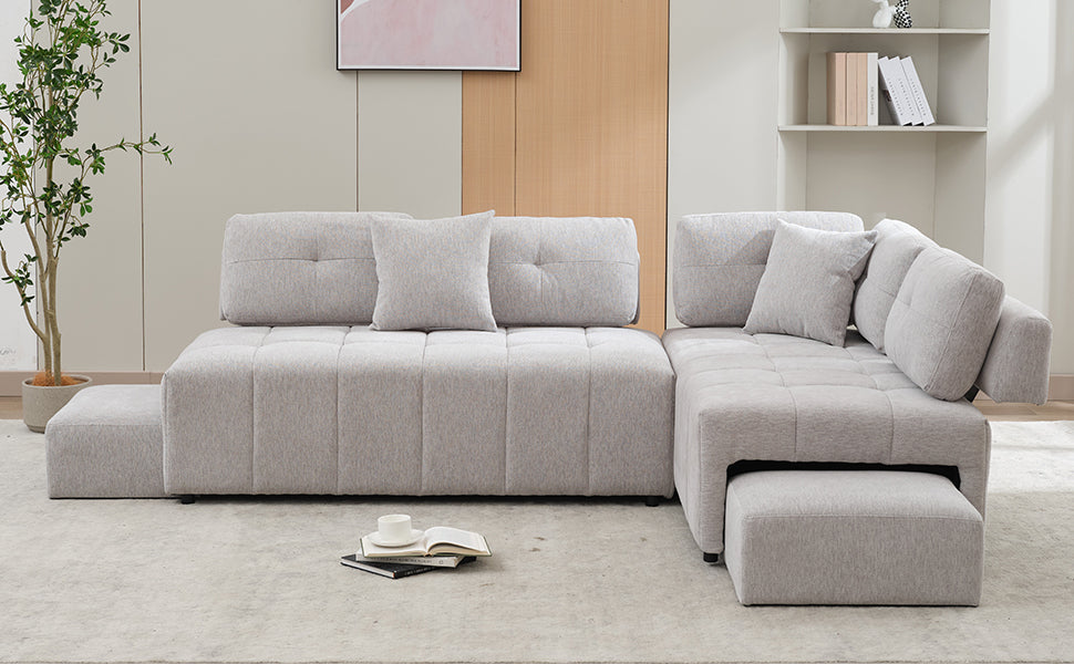 91.73" L Shaped Sofa Sectional Sofa Couch With 2 Stools And 2 Lumbar Pillows For Living Room, Light Grey Light Grey Chenille