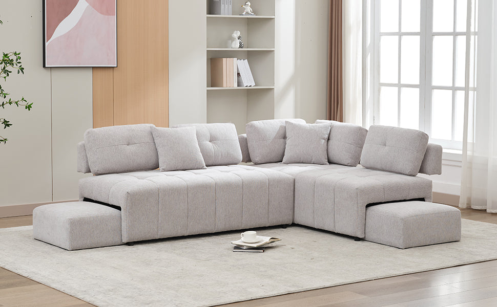 91.73" L Shaped Sofa Sectional Sofa Couch With 2 Stools And 2 Lumbar Pillows For Living Room, Light Grey Light Grey Chenille