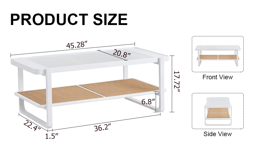 Modern Minimalist White Double Layered Solid Wood Coffee Table. Glass Tabletop, Imitation Rattan Edge Table. Rectangular Table Suitable For Living Room, Dining Room, And Bedroom White Wood