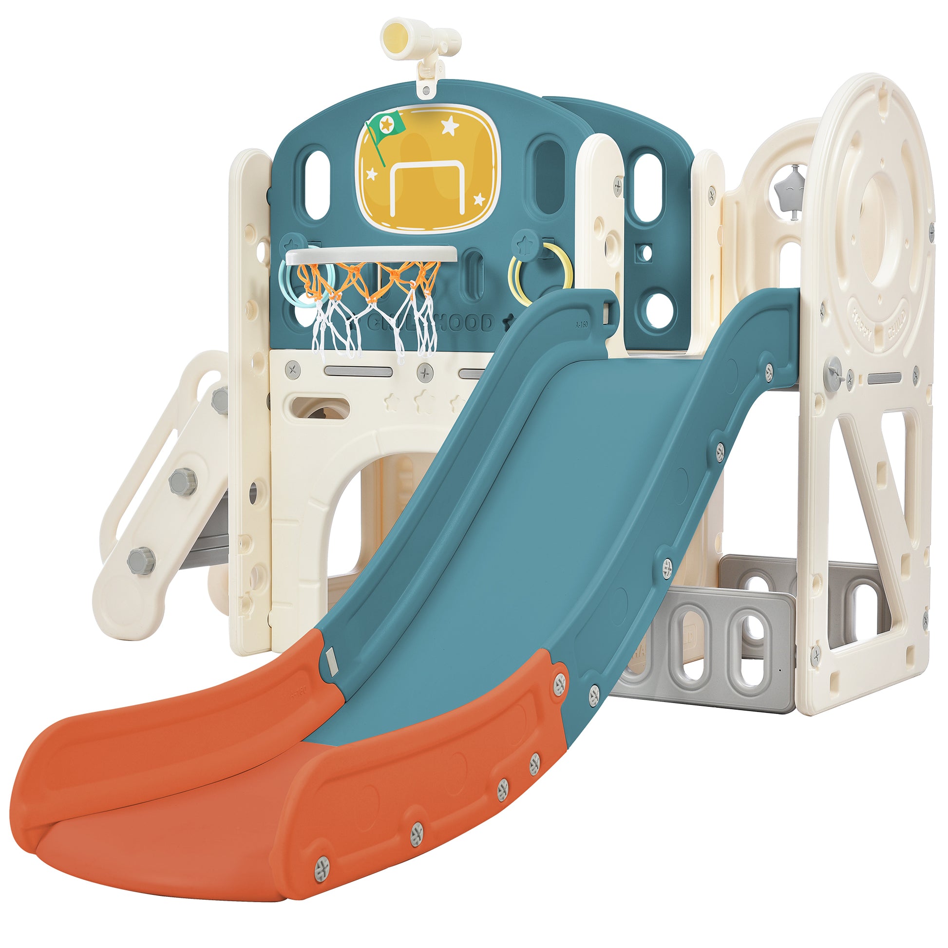 Kids Slide Playset Structure, Freestanding Castle Climbing Crawling Playhouse With Slide, Arch Tunnel, Ring Toss, And Basketball Hoop, Toy Storage Organizer For Toddlers, Kids Climbers Playground Blue Red Hdpe