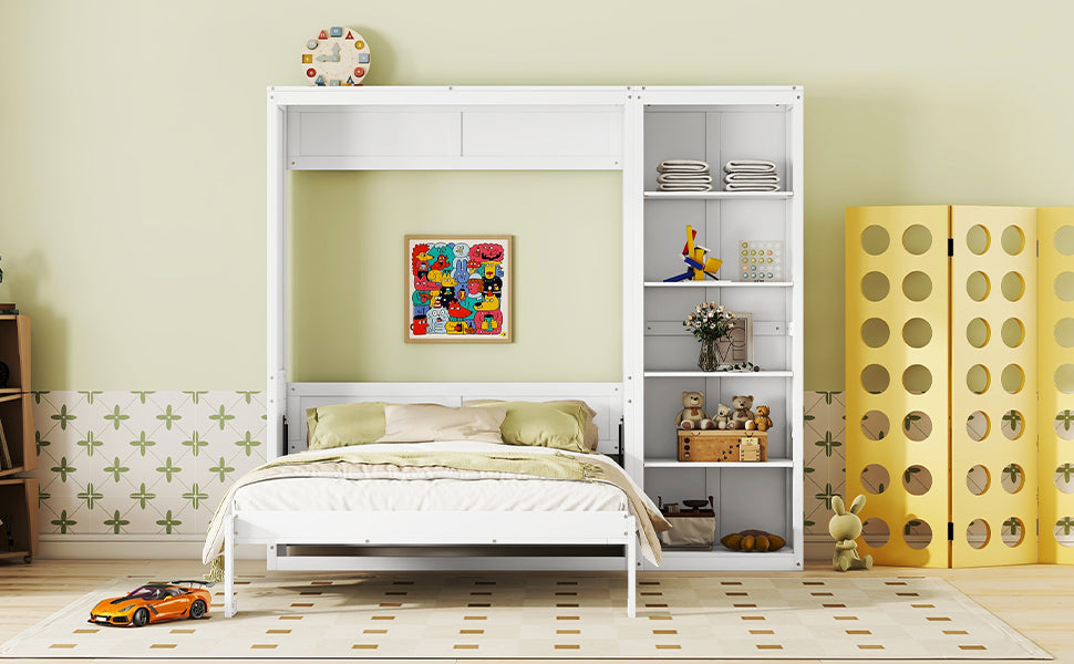 Queen Size Murphy Bed Wall Bed With Shelves,White White Solid Wood Mdf