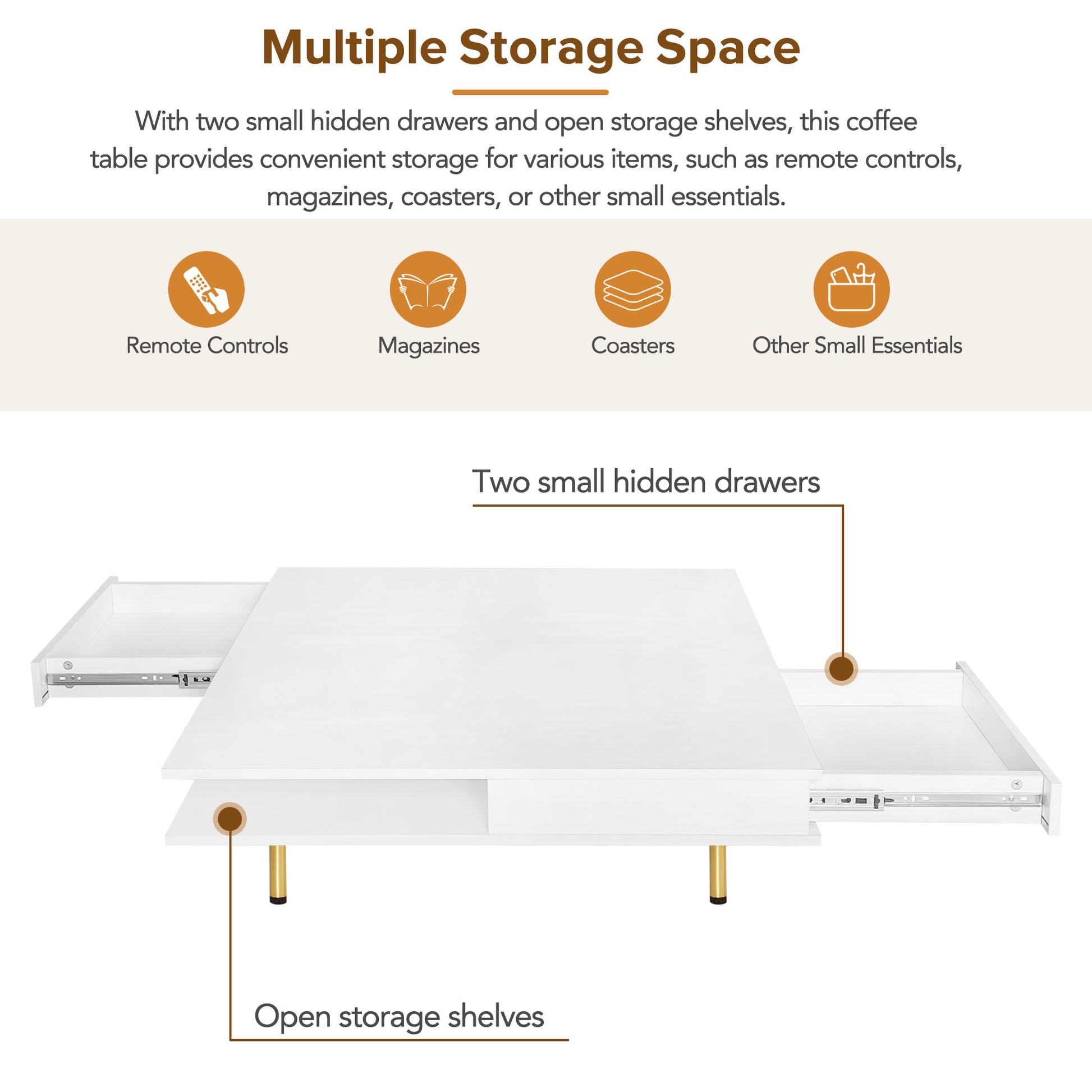 Exquisite High Gloss Coffee Table With 4 Golden Legs And 2 Small Drawers, 2 Tier Square Center Table For Living Room, White White Primary Living Space Particle Board
