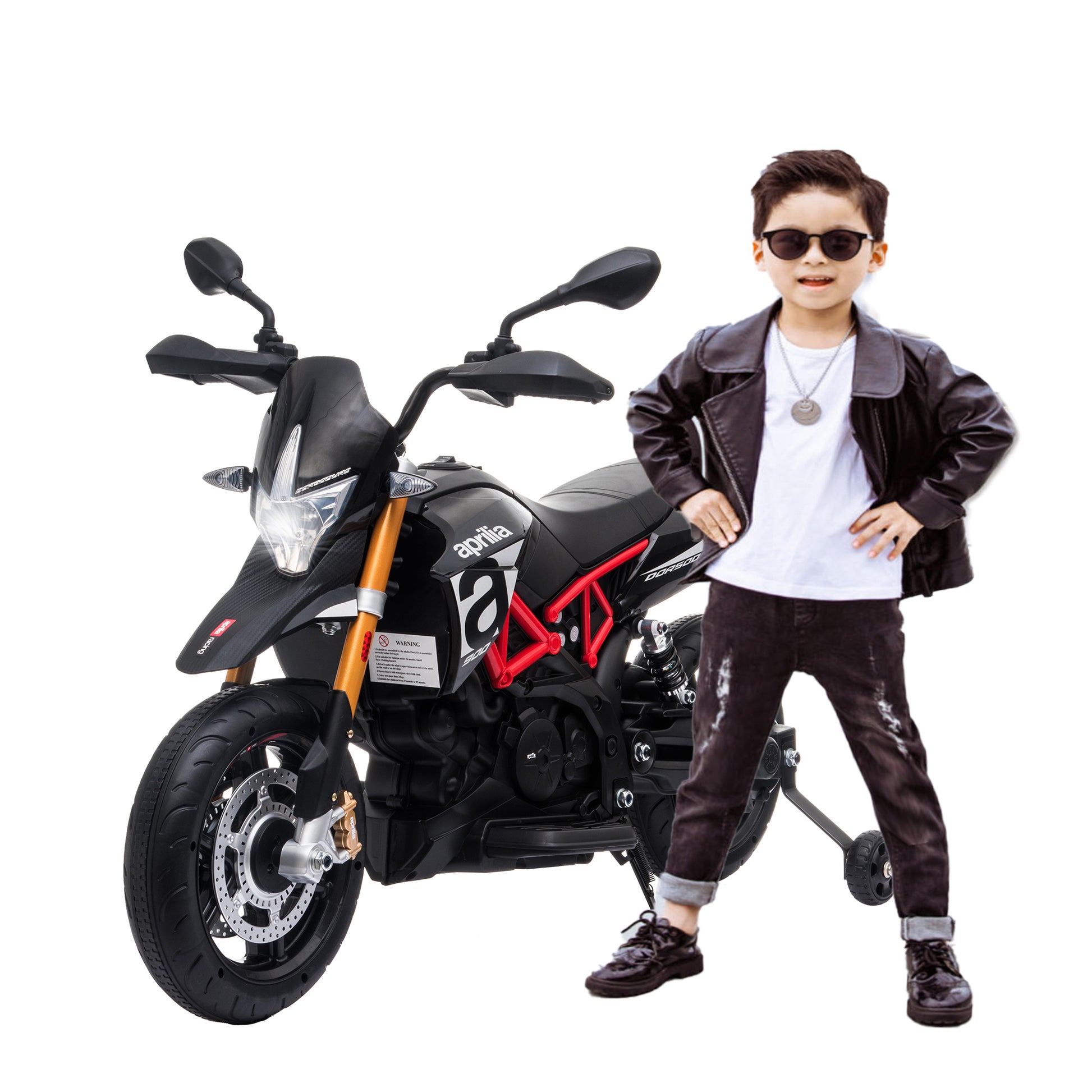 Black, Licensed Aprilia Electric Motorcycle, 12V Kids Motorcycle, Ride On Toy W Training Wheels, Spring Suspension, Led Lights, Sounds & Music, Mp3, Battery Powered Dirt Bike For Boys & Girls Black 50 99 Lbs Iron Plastic Iron Plastic Indoor & Outdoor Use