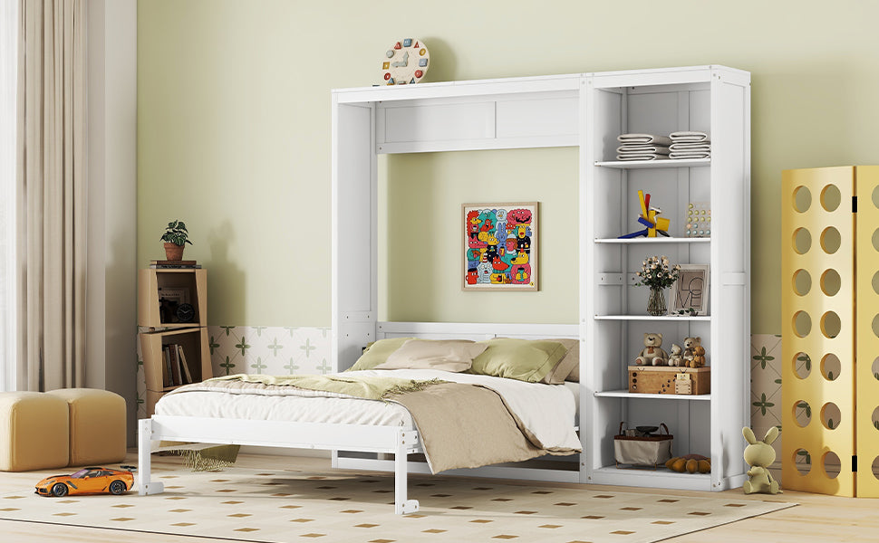 Queen Size Murphy Bed Wall Bed With Shelves,White White Solid Wood Mdf