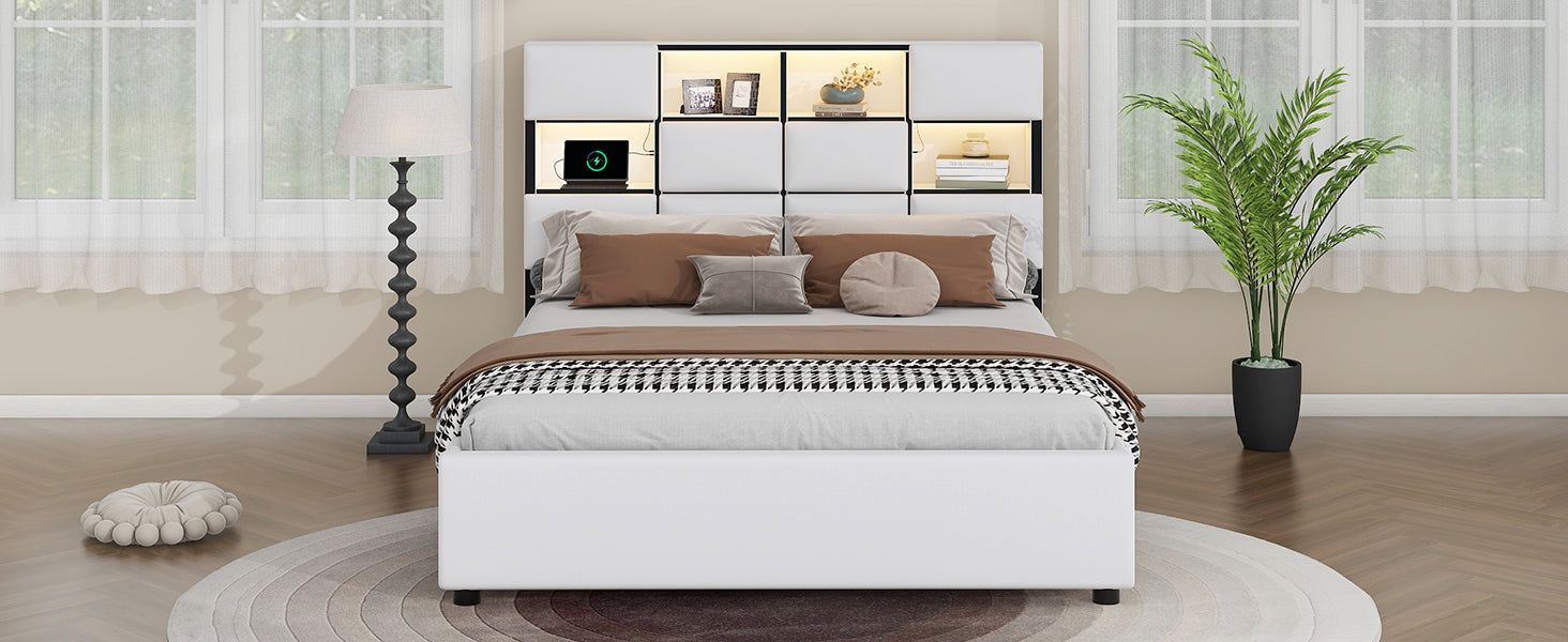 Queen Size Upholstered Platform Bed With Led, Storage And Usb, Beige Box Spring Not Required Queen Beige Wood Bedroom Solid Wood Mdf