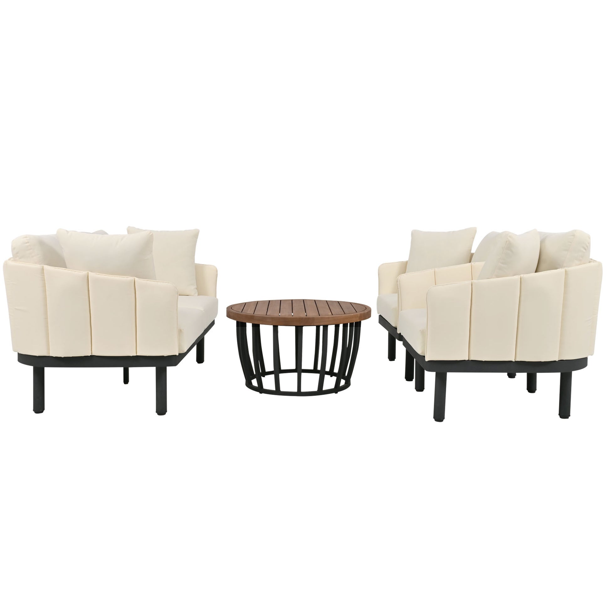 Luxury Modern 4 Piece Outdoor Iron Frame Conversation Set, Patio Chat Set With Acacia Wood Round Coffee Table For Backyard, Deck, Poolside, Indoor Use, Loveseat Arm Chairs, Beige Yes Sectional Beige Weather Resistant Frame Water Resistant Cushion Garden