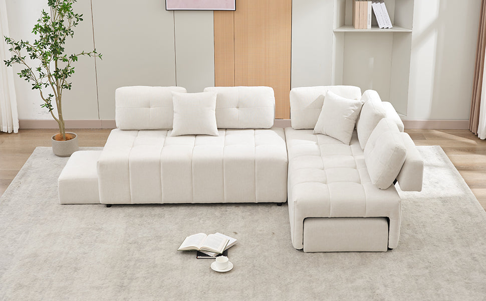 91.73" L Shaped Sofa Sectional Sofa Couch With 2 Stools And 2 Lumbar Pillows For Living Room, Biege Beige Chenille