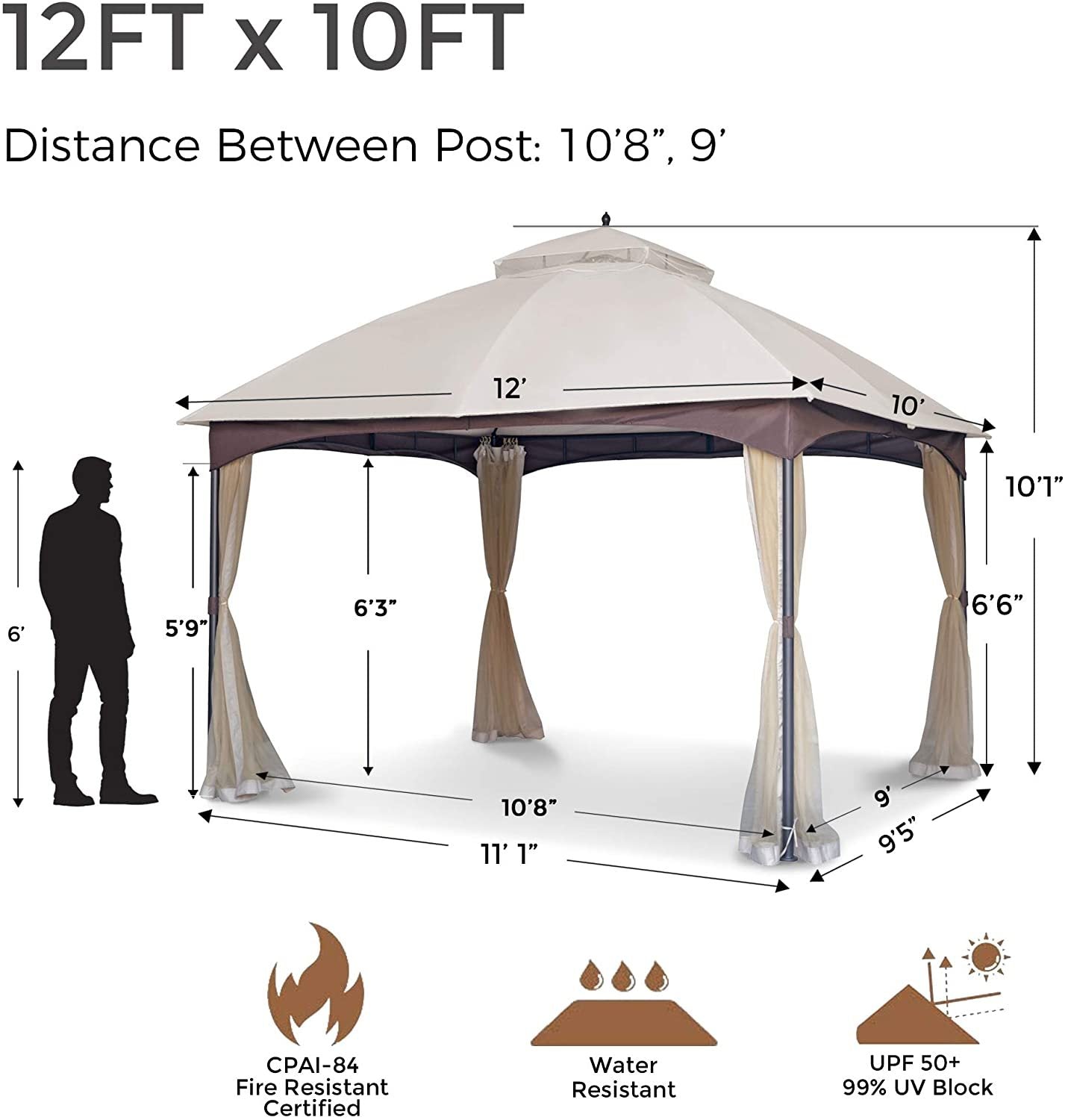 10*12 Ft Softtop Metal Gazebo With Mosquito Net&Sunshade Curtains,Sturdy Heavy Duty Double Roof Canopy,Galvanized Steel Design Outdoor Tent,Suitable For Gardens,Patio,Backyard Beige Light Natural Rectangular No Foundation Needed None Garden & Outdoor