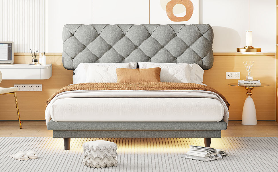 Full Size Upholstered Bed With Light Stripe, Floating Platform Bed, Linen Fabric,Gray Full Gray Linen