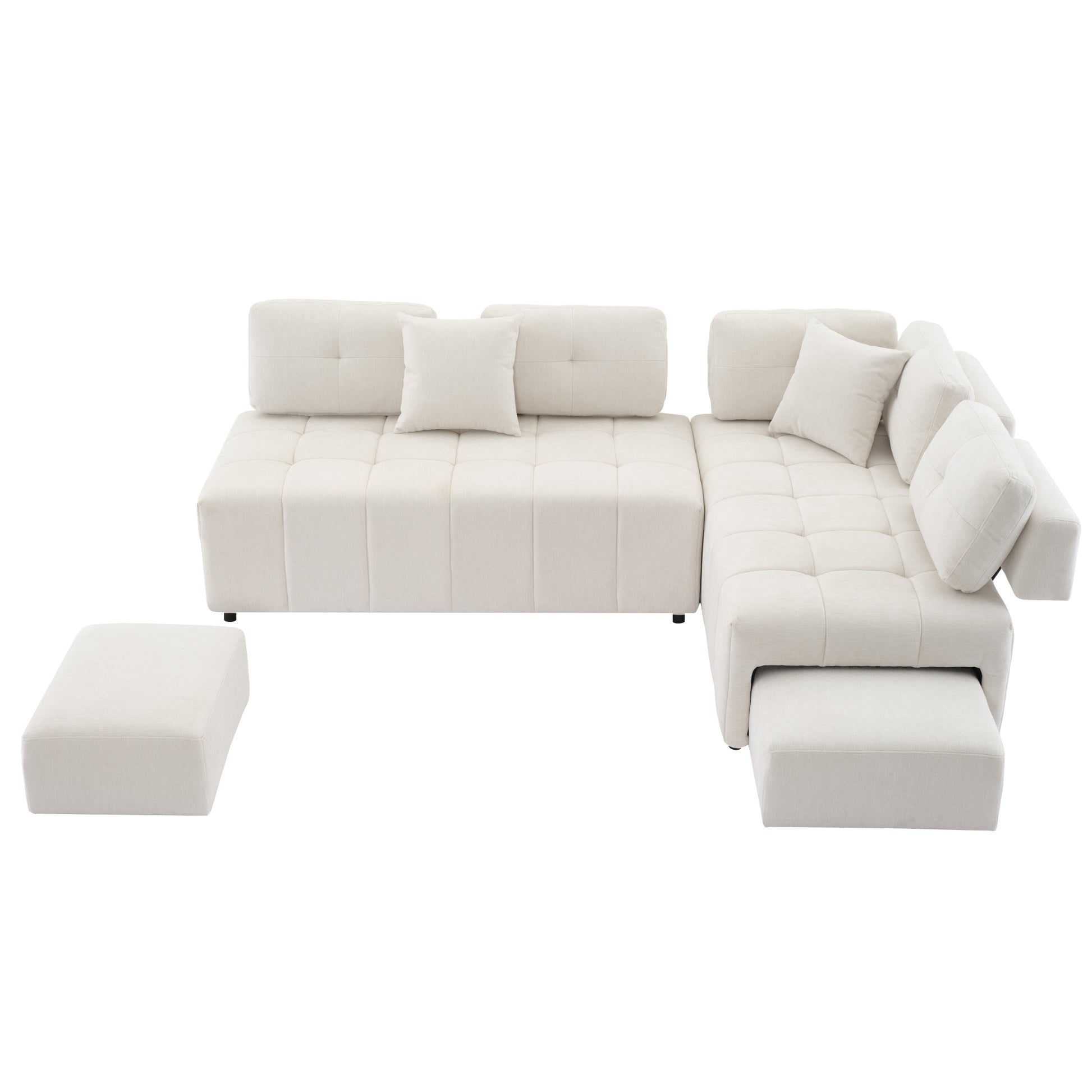 91.73" L Shaped Sofa Sectional Sofa Couch With 2 Stools And 2 Lumbar Pillows For Living Room, Biege Beige Chenille