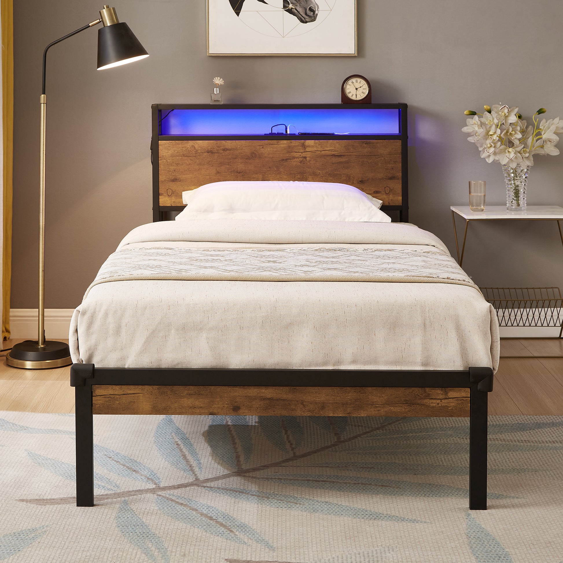 Twin Size Metal Platform Bed Frame With Wooden Headboard And Footboard With Usb Liner, Led Lights ,No Box Spring Needed, Large Under Bed Storage, Easy Assemble Black Brown Metal