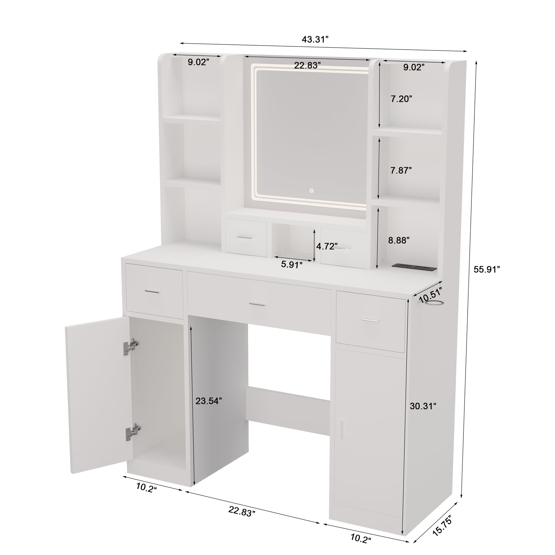 Newly Designed Smart Mirror Dressing Table With Drawers And Storage Cabinet, Dressing Table With Dressing Pad For Bedroom, Dressing Room White Mdf Glass